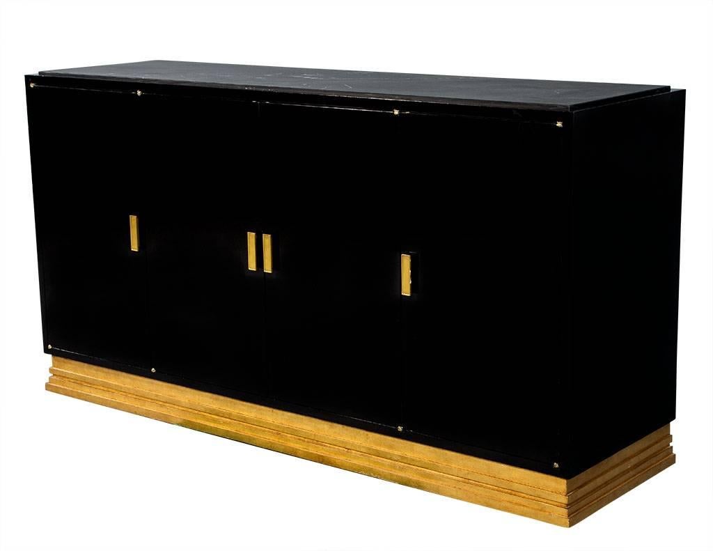 Modern Gold Leaf and Black Lacquer Buffet Console Cabinet with Stone Top For Sale 1