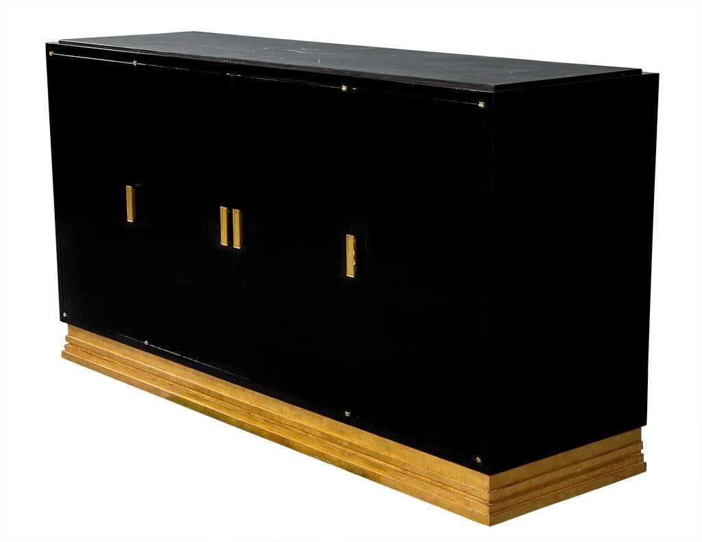 Modern Gold Leaf and Black Lacquer Buffet Console Cabinet with Stone Top For Sale 2