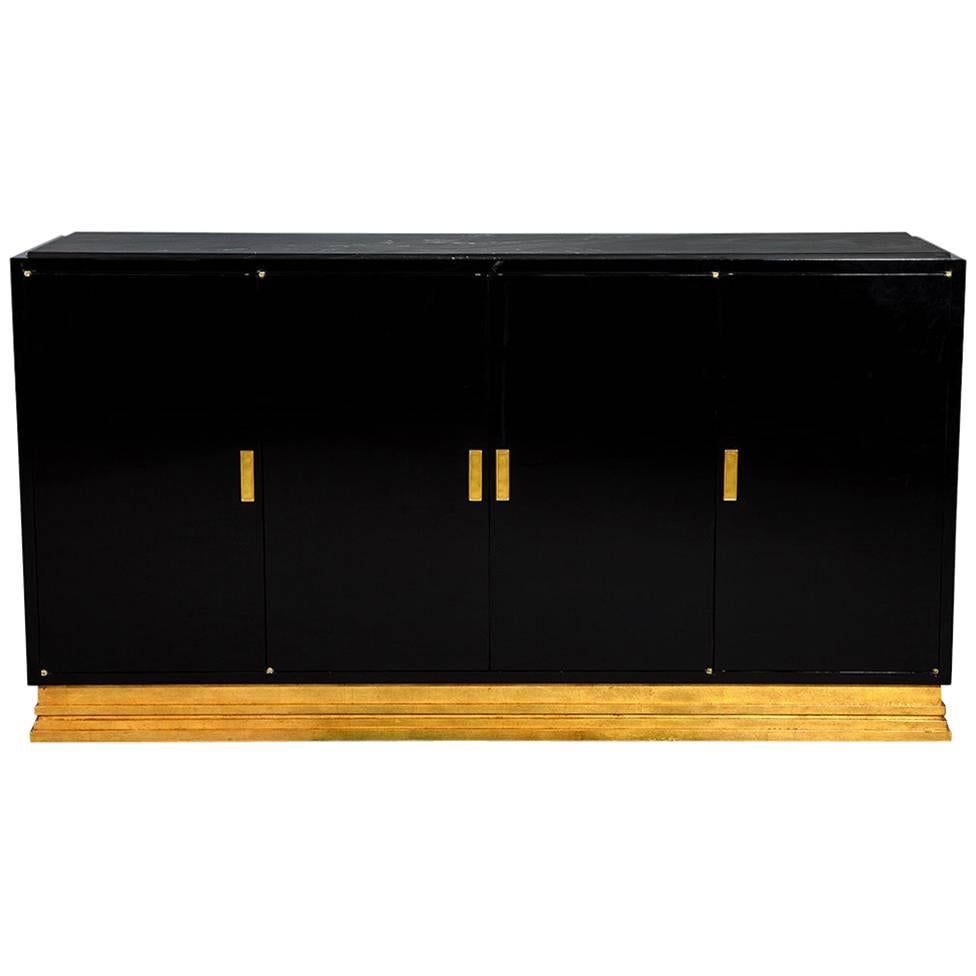 Modern Gold Leaf and Black Lacquer Buffet Console Cabinet with Stone Top For Sale
