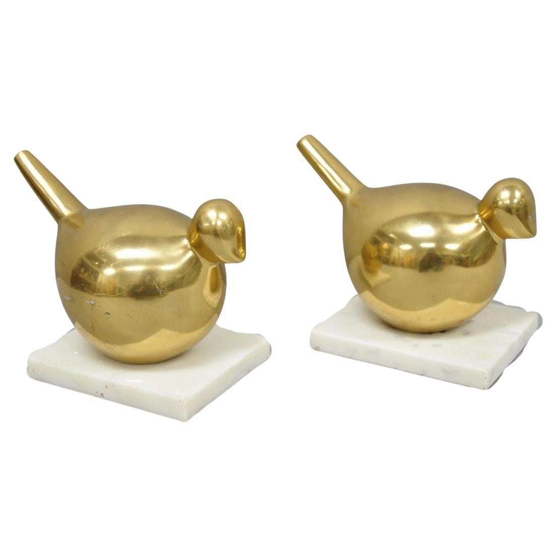 Modern Gold Marble Pheasant Quail Bird Dove Brass Modernist Sculpture - a Pair For Sale
