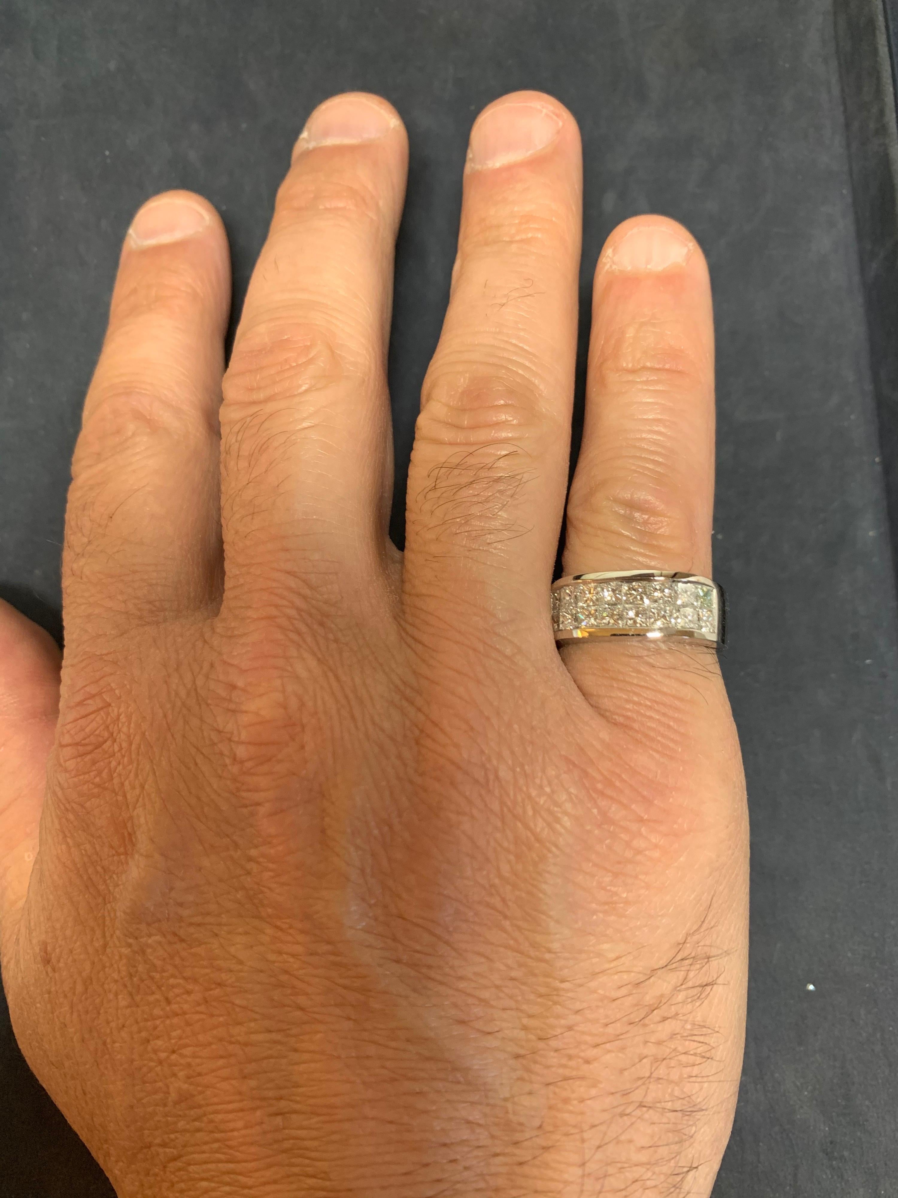 Modern 18k White Gold Unisex 3 Carat Natural Princess Cut Diamond Ring. 

The 16 diamonds weigh approximately 3 carats, measure 3+mm, approx F color and VS clarity.

Ring size is 9.25, ring weight is 12 grams.

Condition is Pre-owned. 