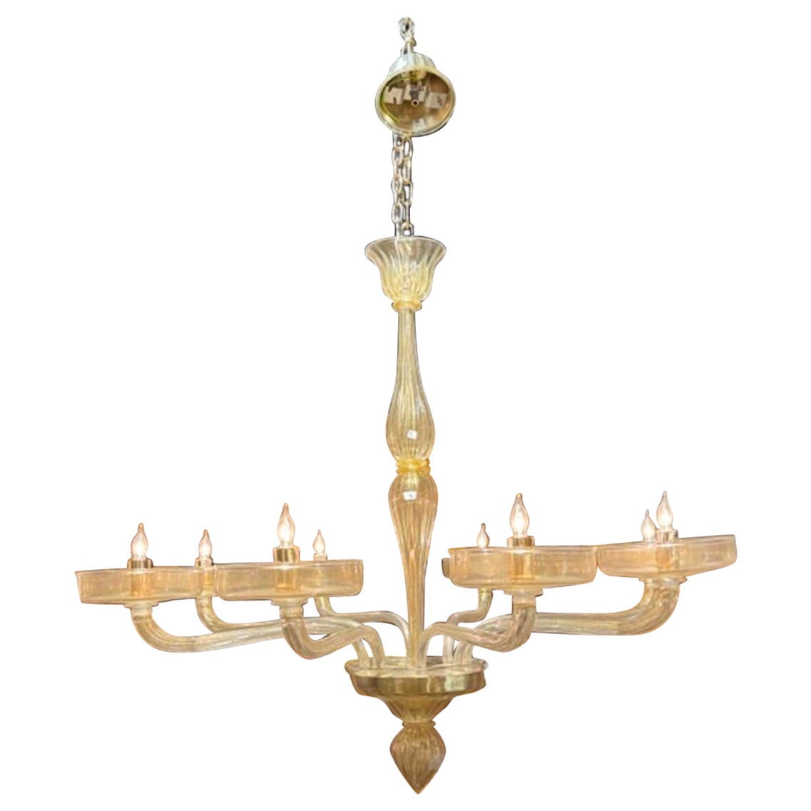 Lampadario moderno in vetro di Murano color oro con 8 bracci in vendita