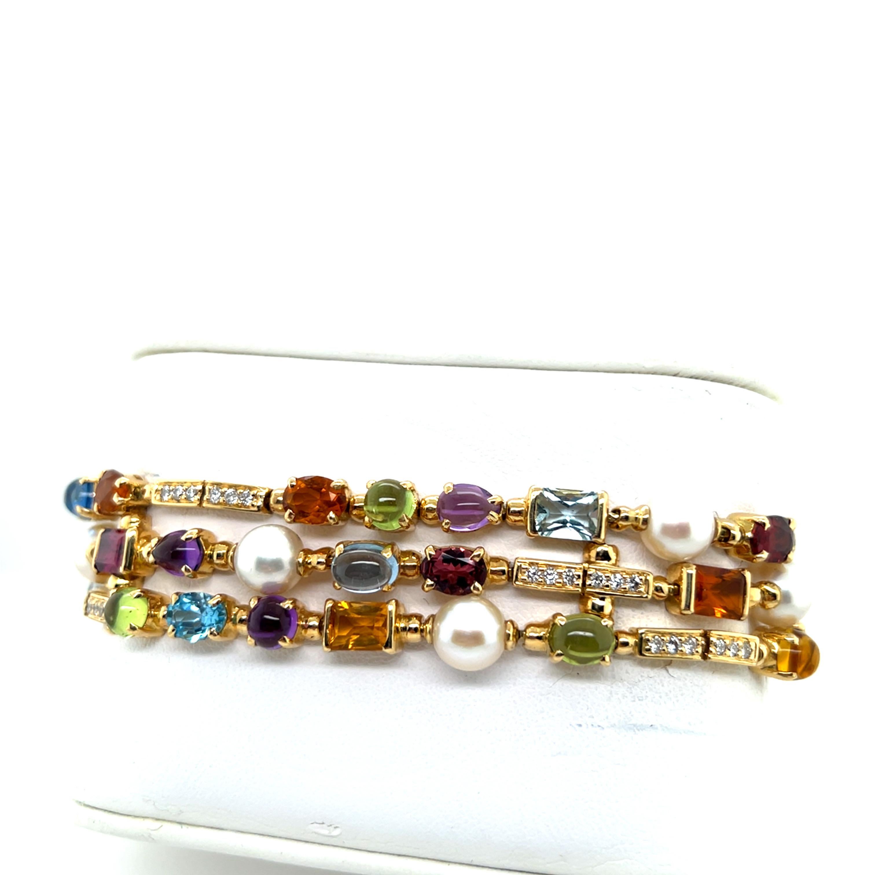 Pulsera moderna de tres vueltas de oro con diamantes naturales y cabujones multicolores Moderno en venta
