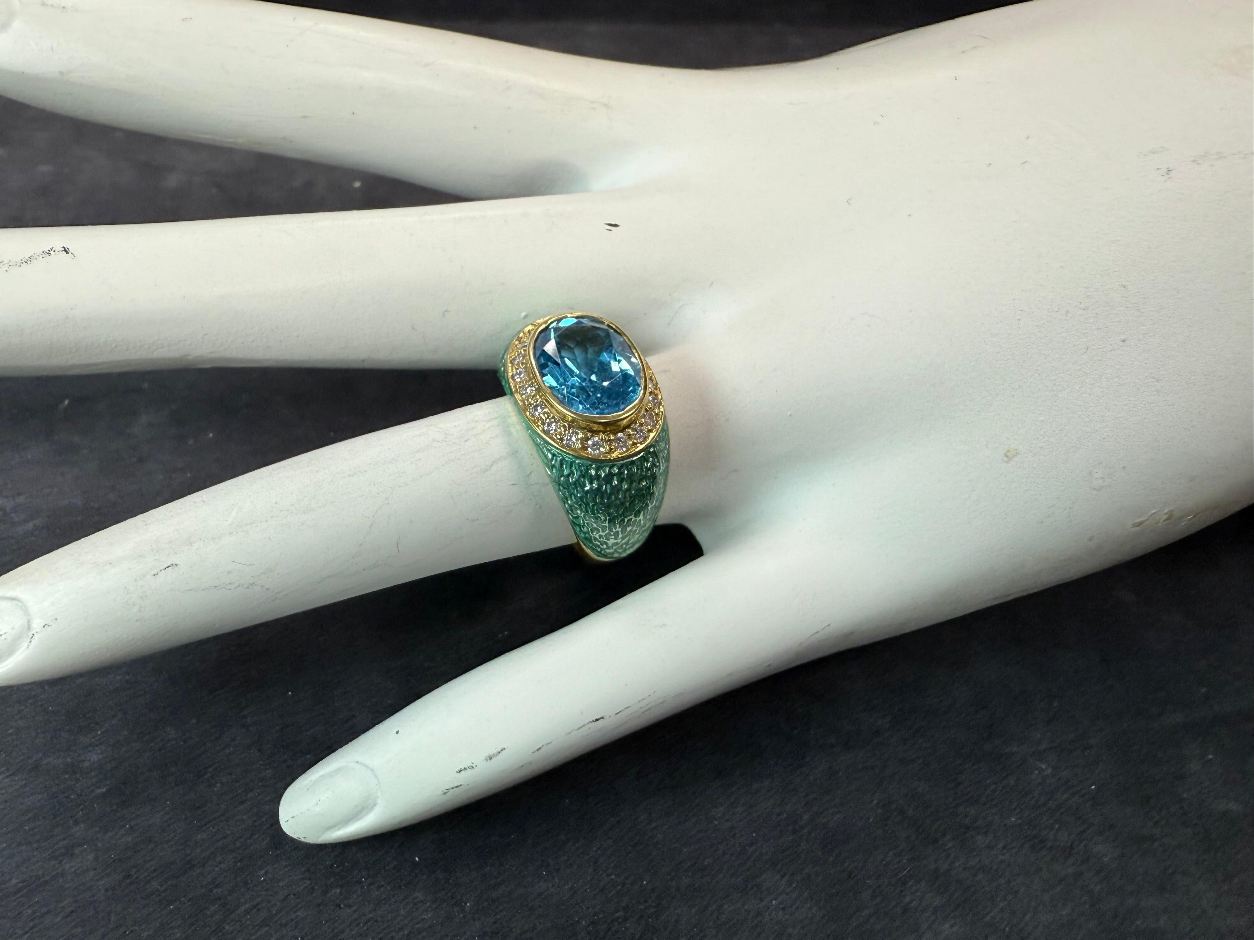 Oval Cut Modern Gold Natural Diamond, Blue Topaz & Enamel Statement Ring by Hidalgo For Sale