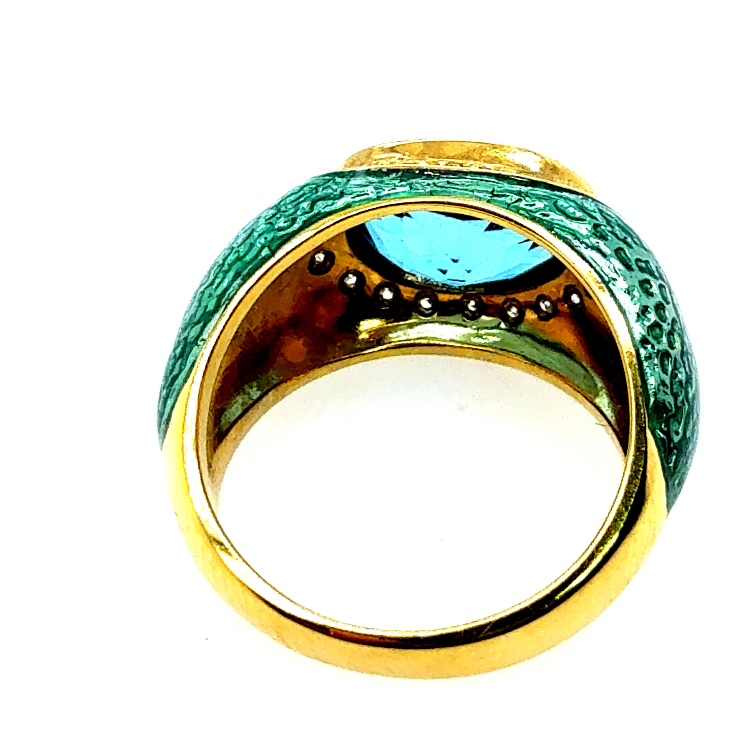 Modern Gold Natural Diamond, Blue Topaz & Enamel Statement Ring by Hidalgo In Good Condition For Sale In Los Angeles, CA
