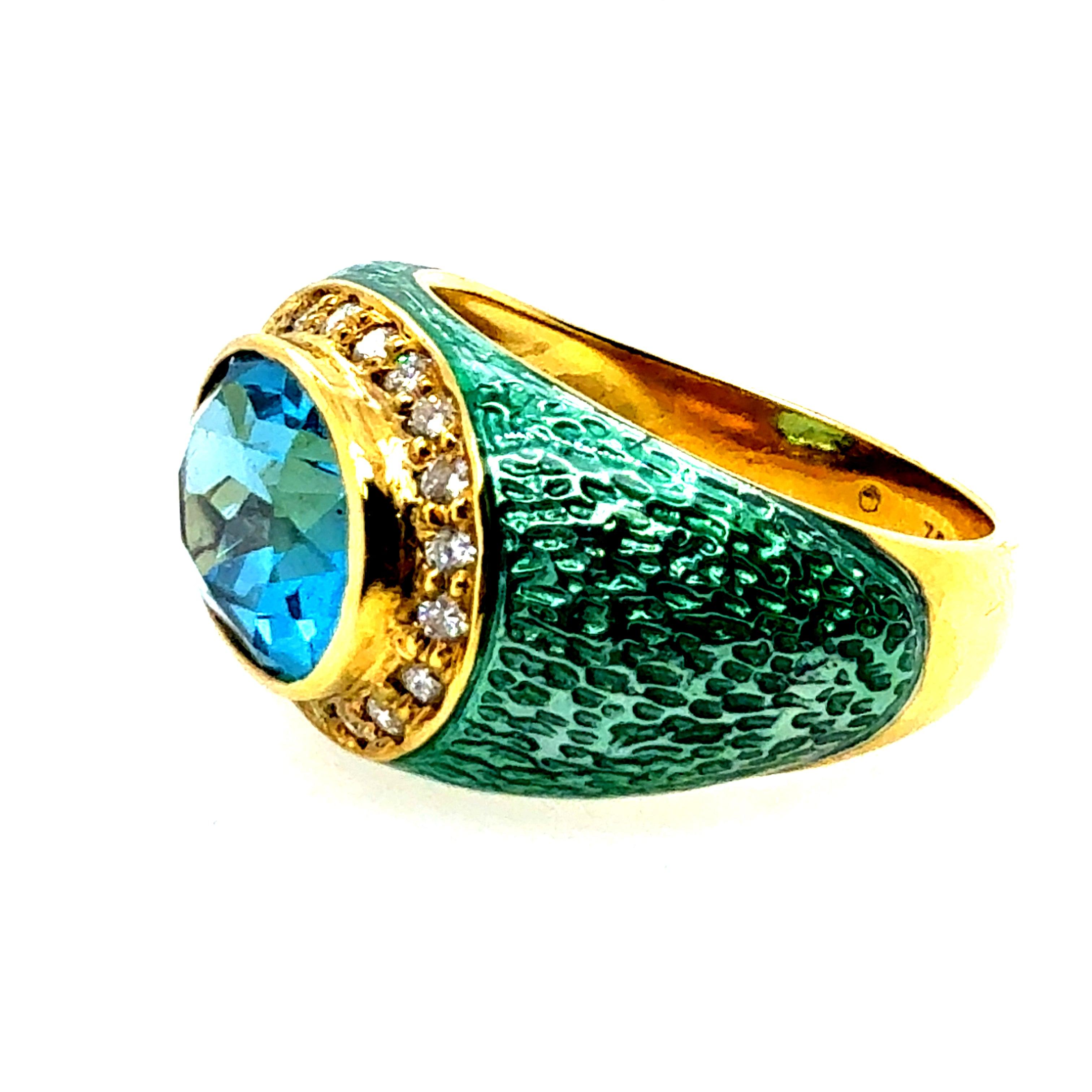 Women's Modern Gold Natural Diamond, Blue Topaz & Enamel Statement Ring by Hidalgo For Sale