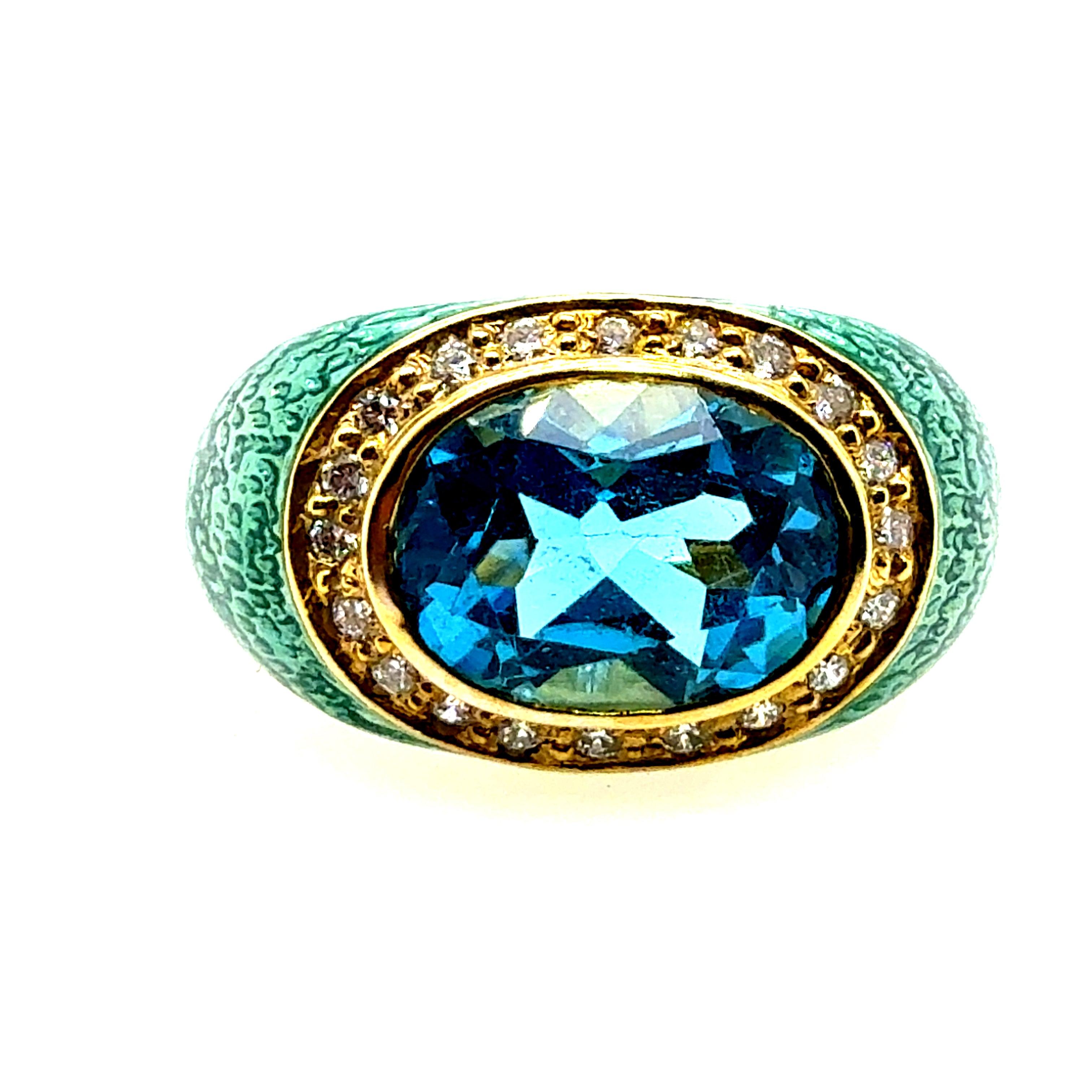 Modern Gold Natural Diamond, Blue Topaz & Enamel Statement Ring by Hidalgo For Sale 1
