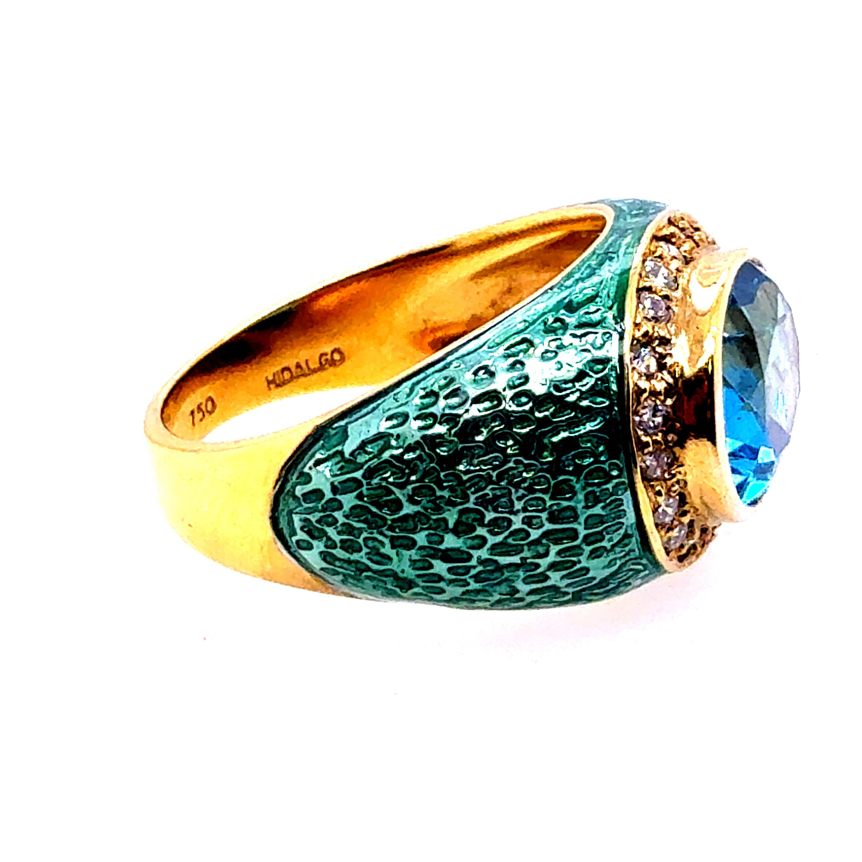 Modern Gold Natural Diamond, Blue Topaz & Enamel Statement Ring by Hidalgo For Sale 2