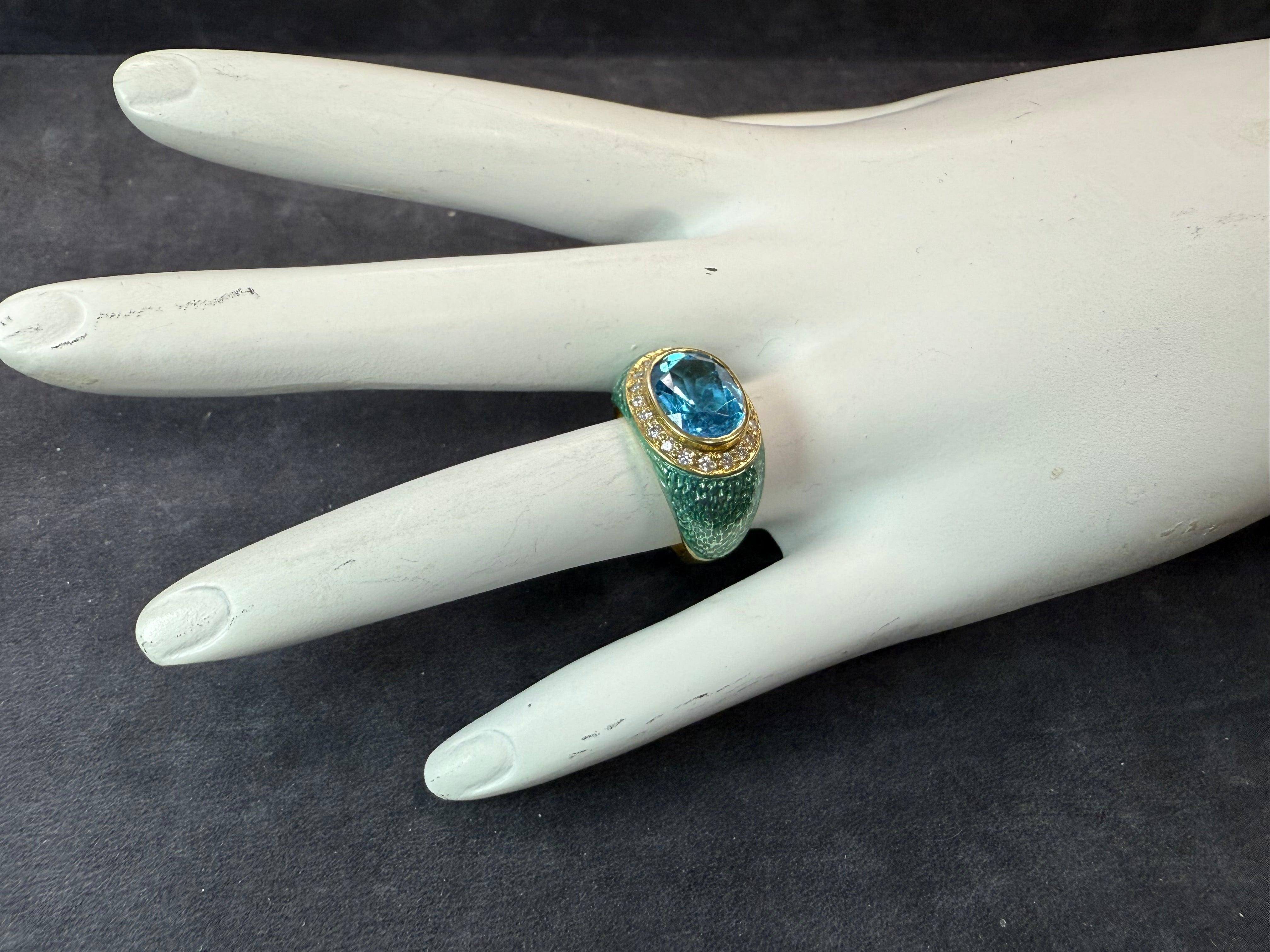 Modern Gold Natural Diamond, Blue Topaz & Enamel Statement Ring by Hidalgo For Sale 3