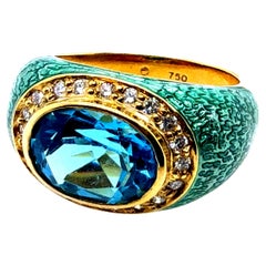 Modern Gold Natural Diamond, Blue Topaz & Enamel Statement Ring by Hidalgo