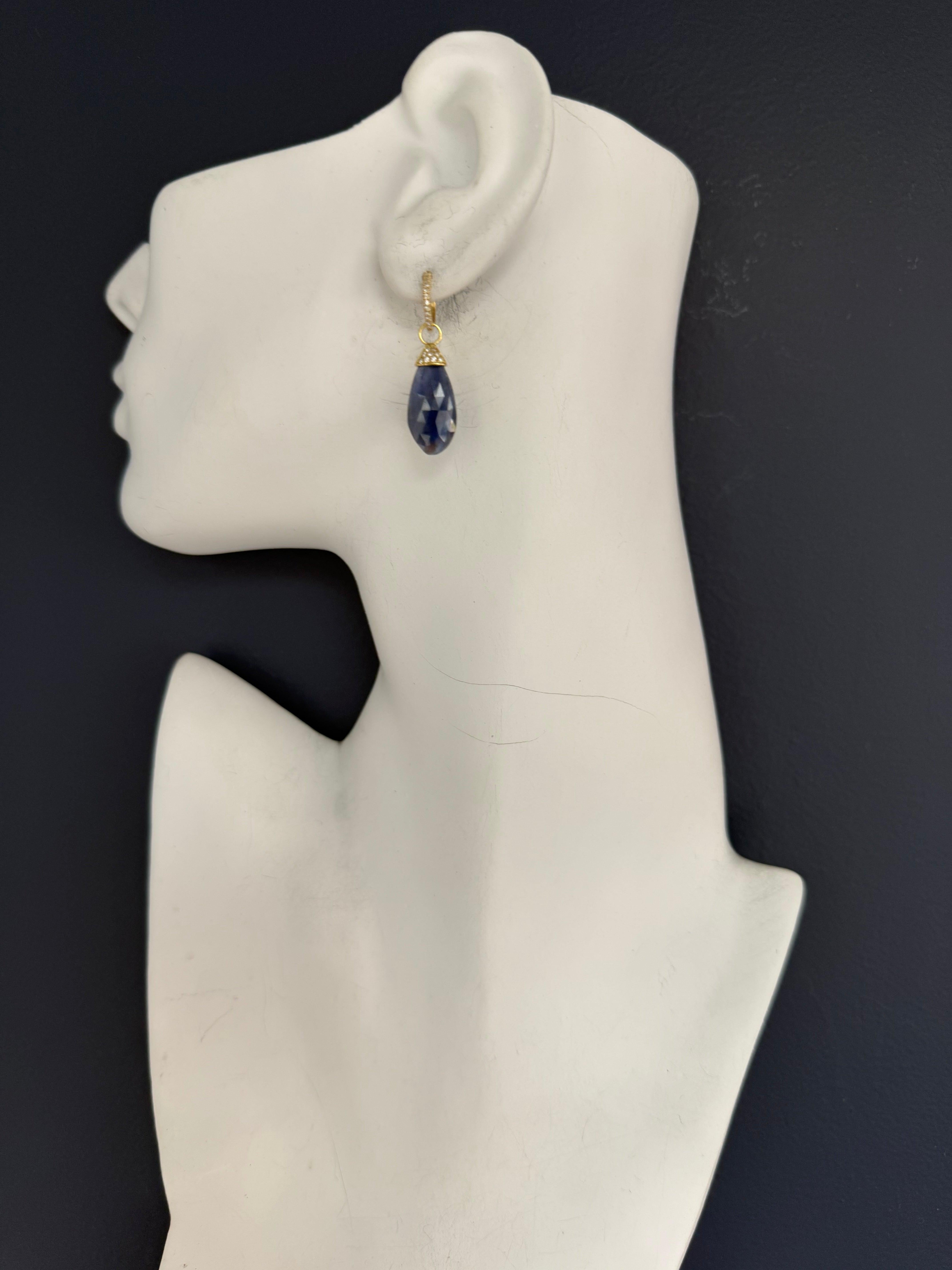 Modern 14K yellow gold drop earrings featuring two stunning natural rose-cut blue sapphires, each measuring approximately 20 mm in length and 10 mm in width. The sapphires are accented by 18 natural round brilliant colorless diamonds, and are