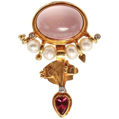 Modern Gold Pendant Brooch with Rose Quartz, Pearls, Diamonds and Amethyst