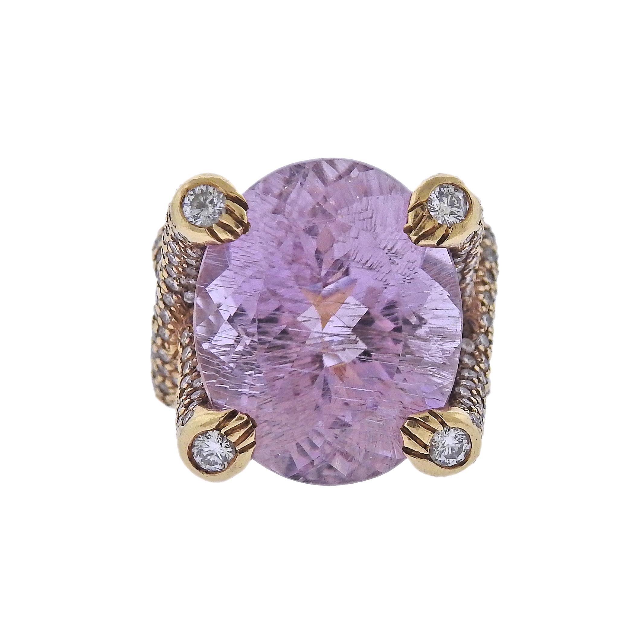 Metal: 18k Yellow Gold
Gemstones: Rutilated Rose Quartz - approx. 20ct, Diamonds - approx. 2.20ctw VS / G-H
Ring Size 6.75, Top Of Ring 20mm x 19.5mm, Sits 11.7mm From Finger
Weight: 25.8 grams