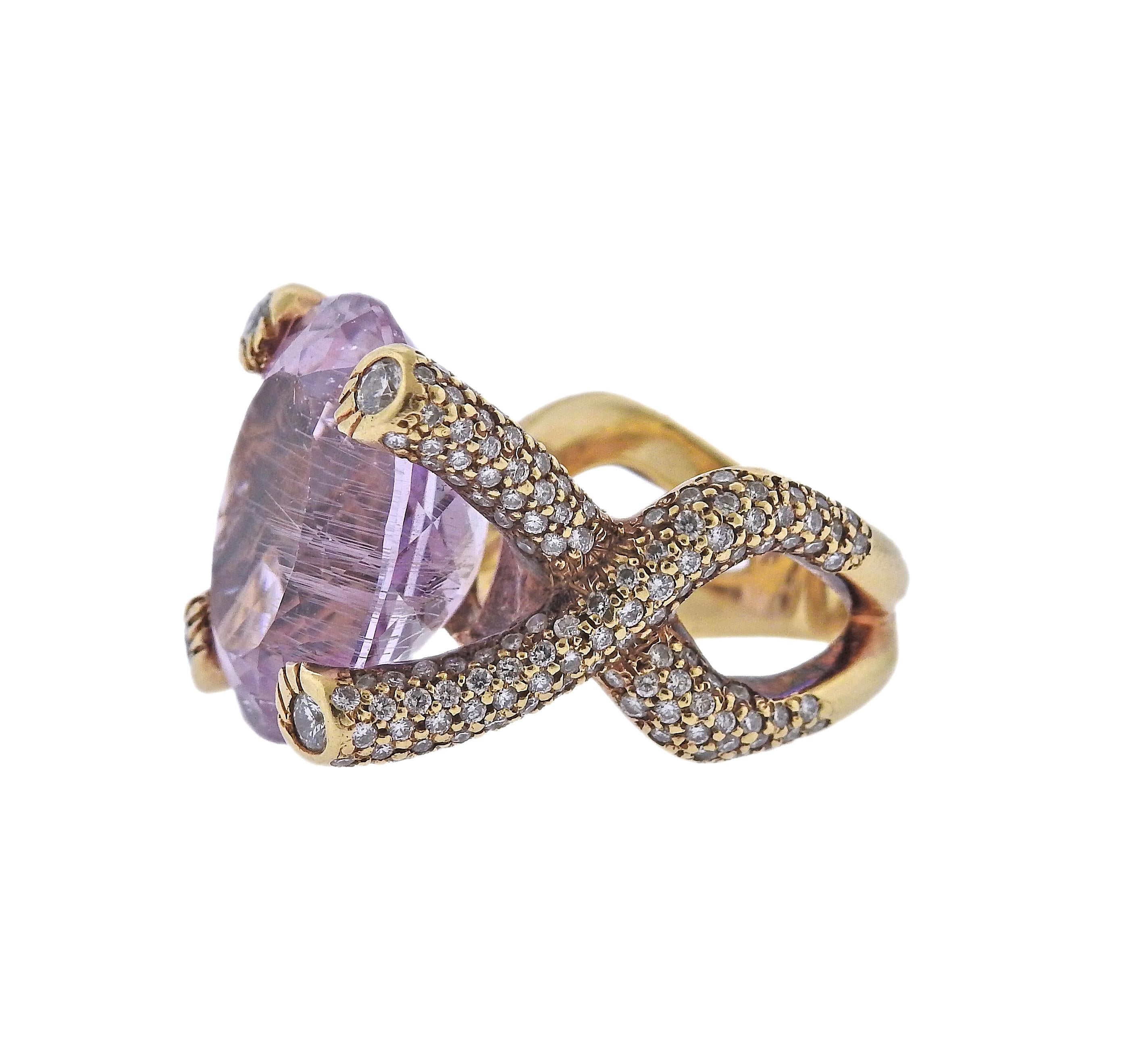 Round Cut Modern Gold Rutilated Rose Quartz Diamond Cocktail Ring For Sale