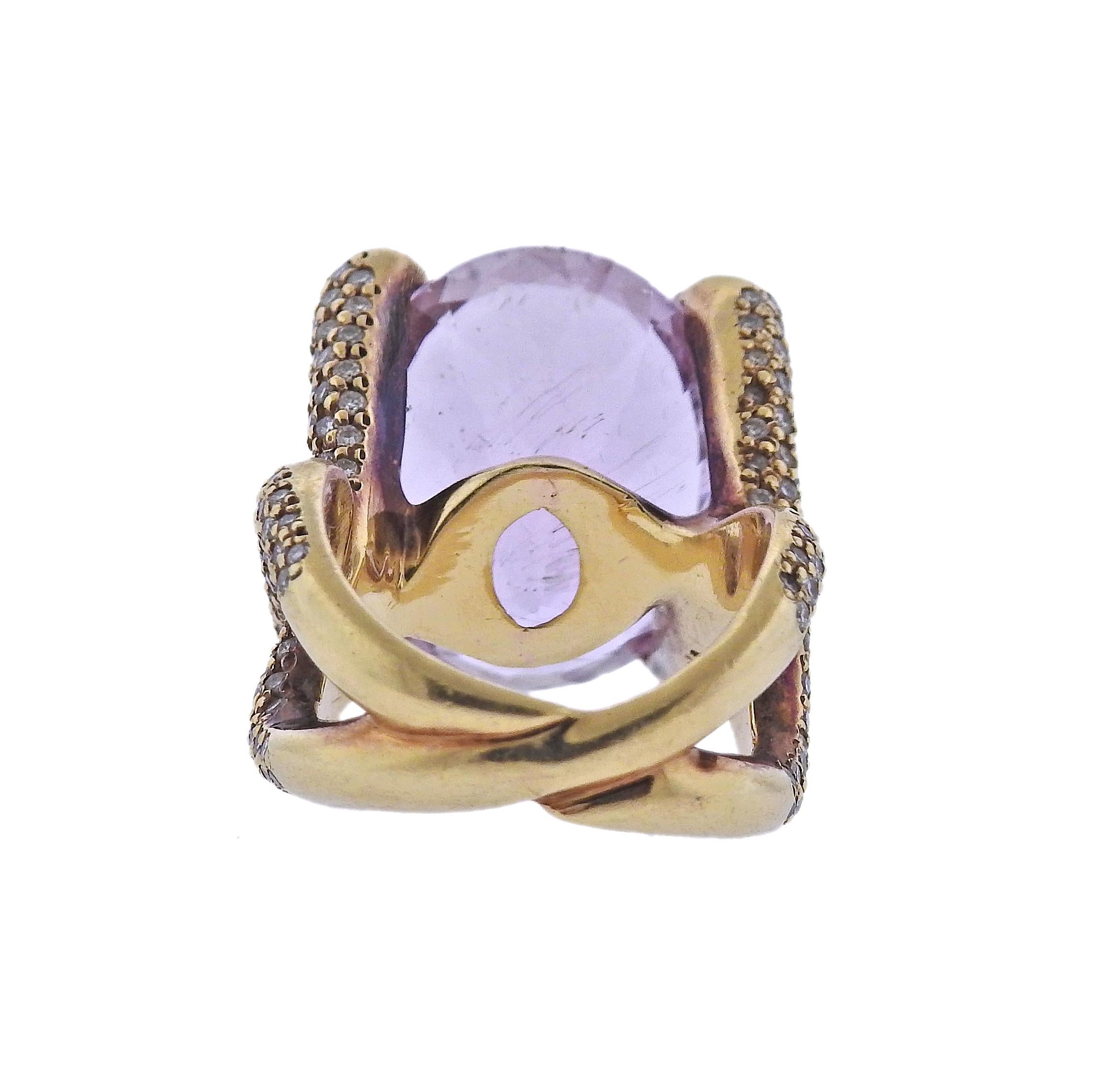 Modern Gold Rutilated Rose Quartz Diamond Cocktail Ring In Excellent Condition For Sale In Lambertville, NJ