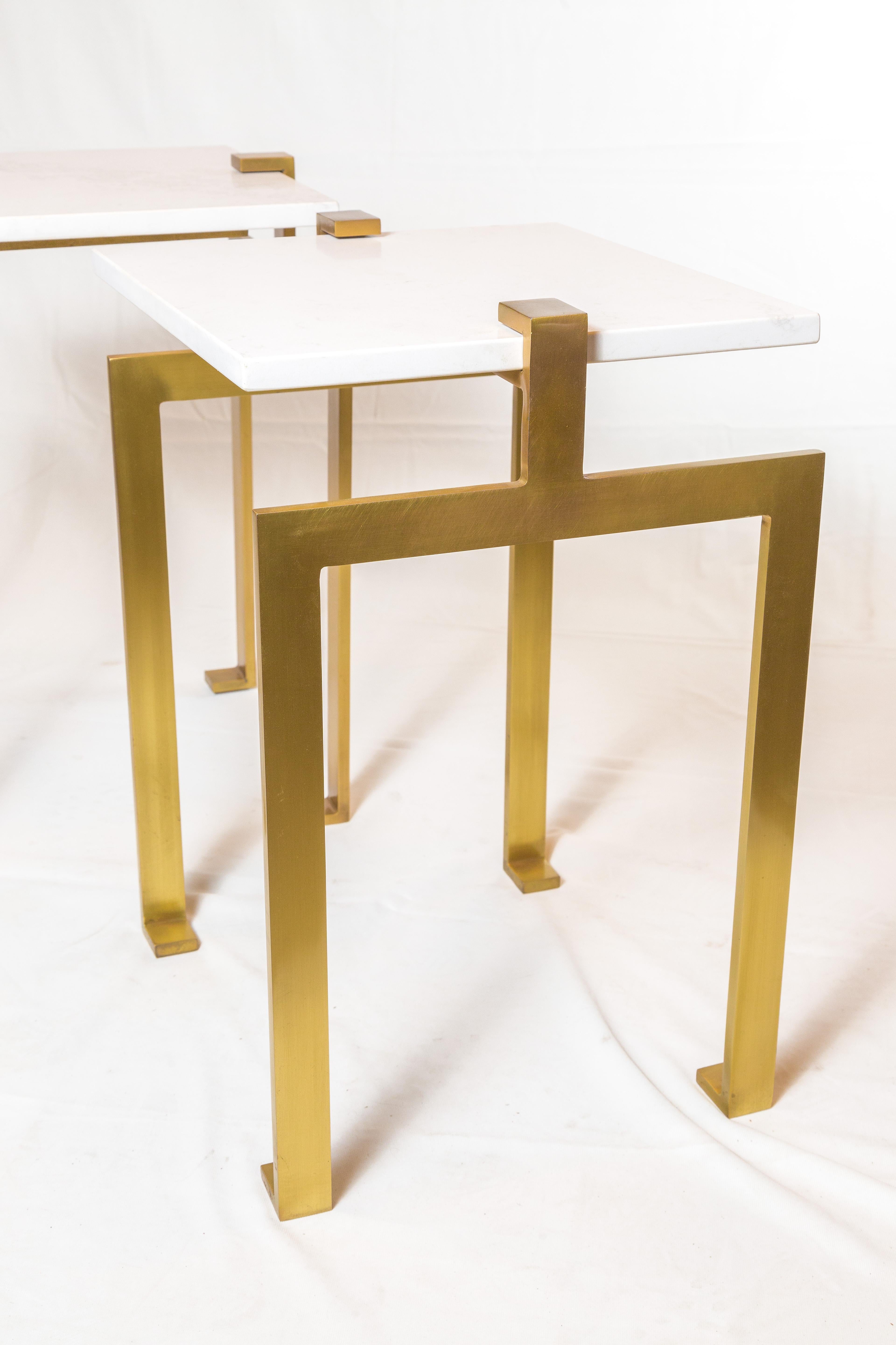 Modern brass side tables with white marble top unique custom tables.