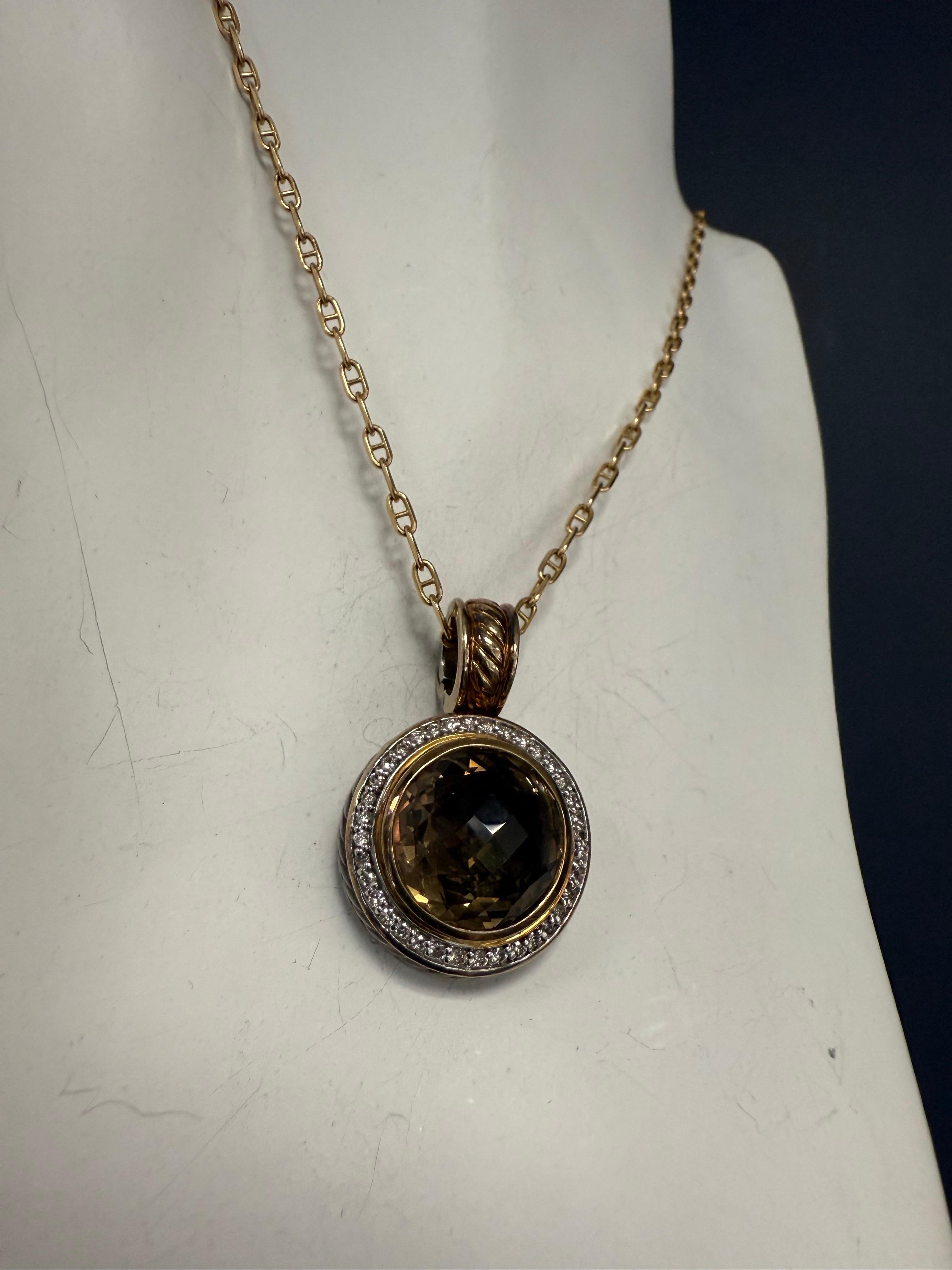 Pendentif moderne en or et argent avec topaze fumée naturelle et diamant David Yurman Bon état - En vente à Los Angeles, CA