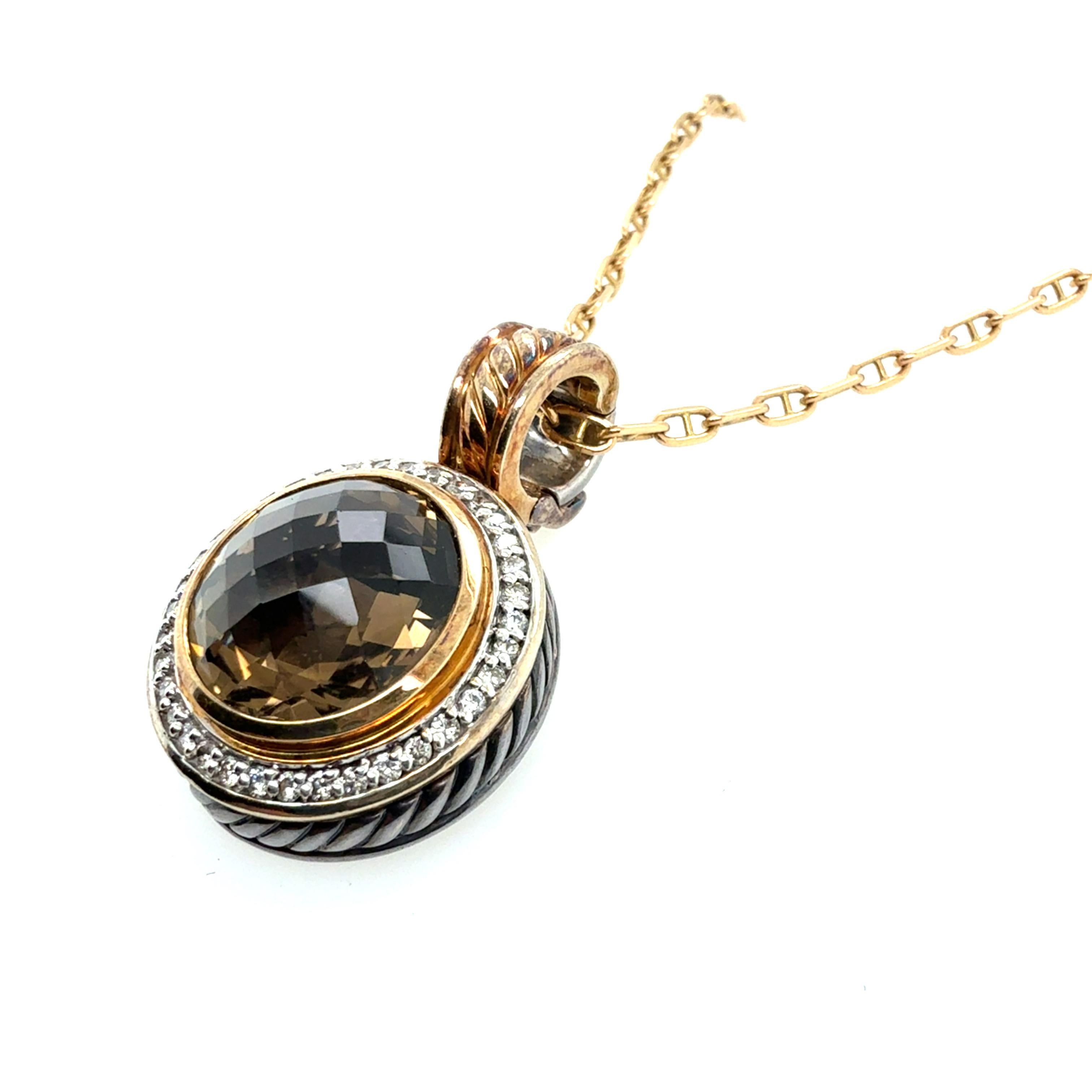Pendentif moderne en or et argent avec topaze fumée naturelle et diamant David Yurman Pour femmes en vente