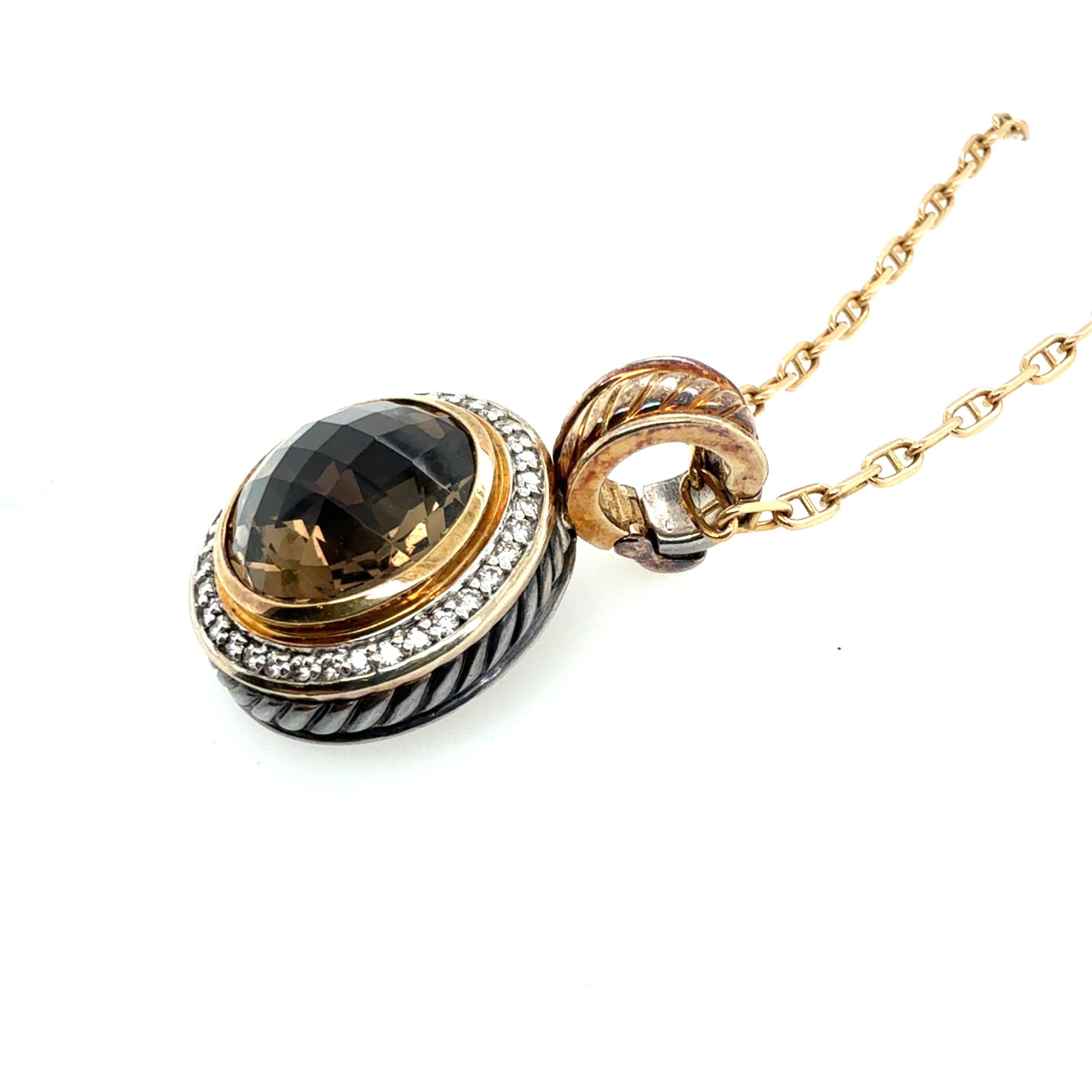 Pendentif moderne en or et argent avec topaze fumée naturelle et diamant David Yurman en vente 1