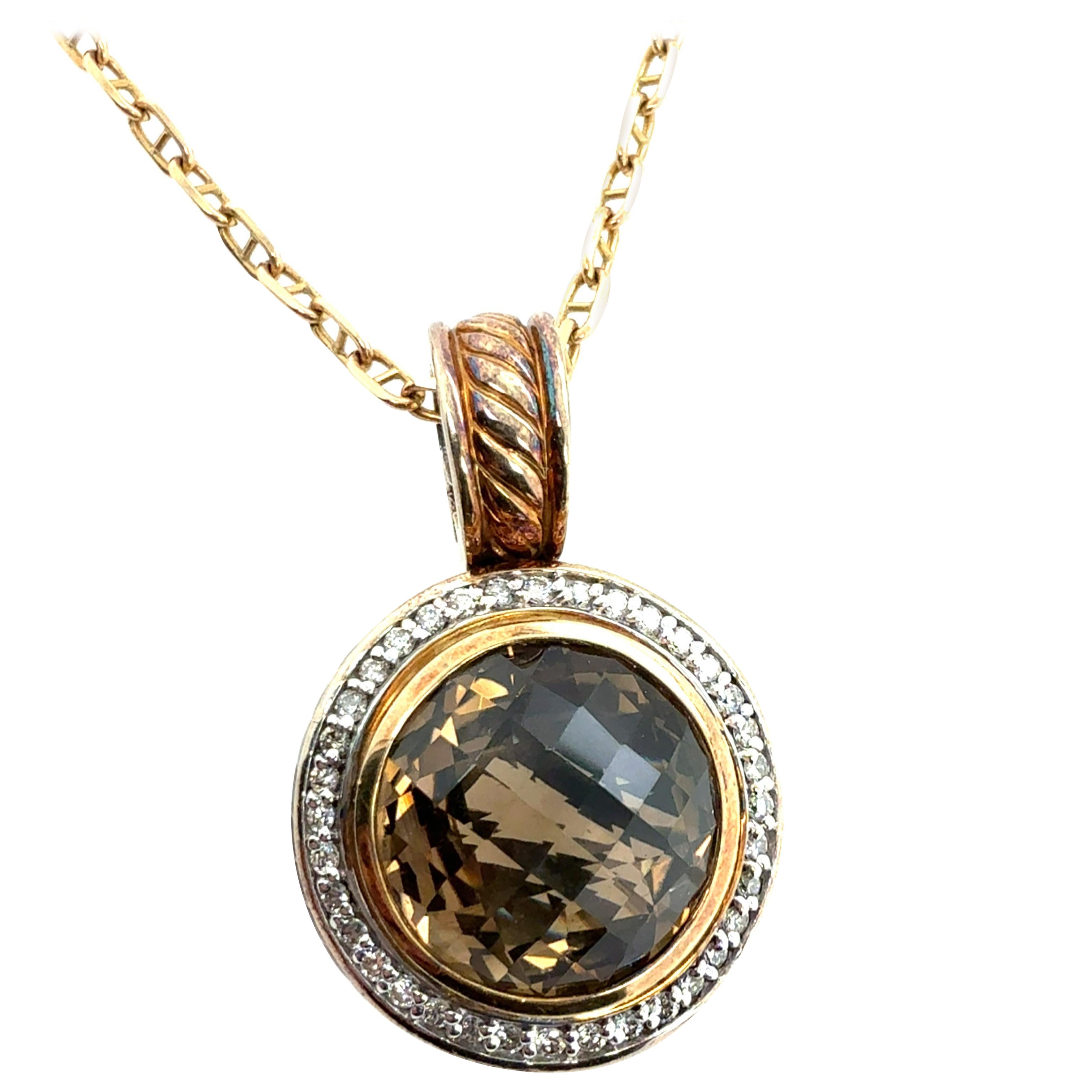 Pendentif moderne en or et argent avec topaze fumée naturelle et diamant David Yurman en vente