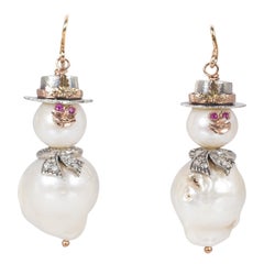 Modern Gold, Silver, Scaramazza Pearl and Gemstone Snowman Earrings