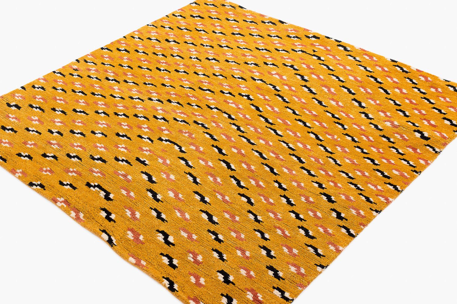 Tiger by Joseph Carini with a gold yellow background and pink, black and white details. A tiger print forms from these multicolor lines that form a chevron pattern. Inspired by Tibetan tiger motifs, this is a more modern version that could be used