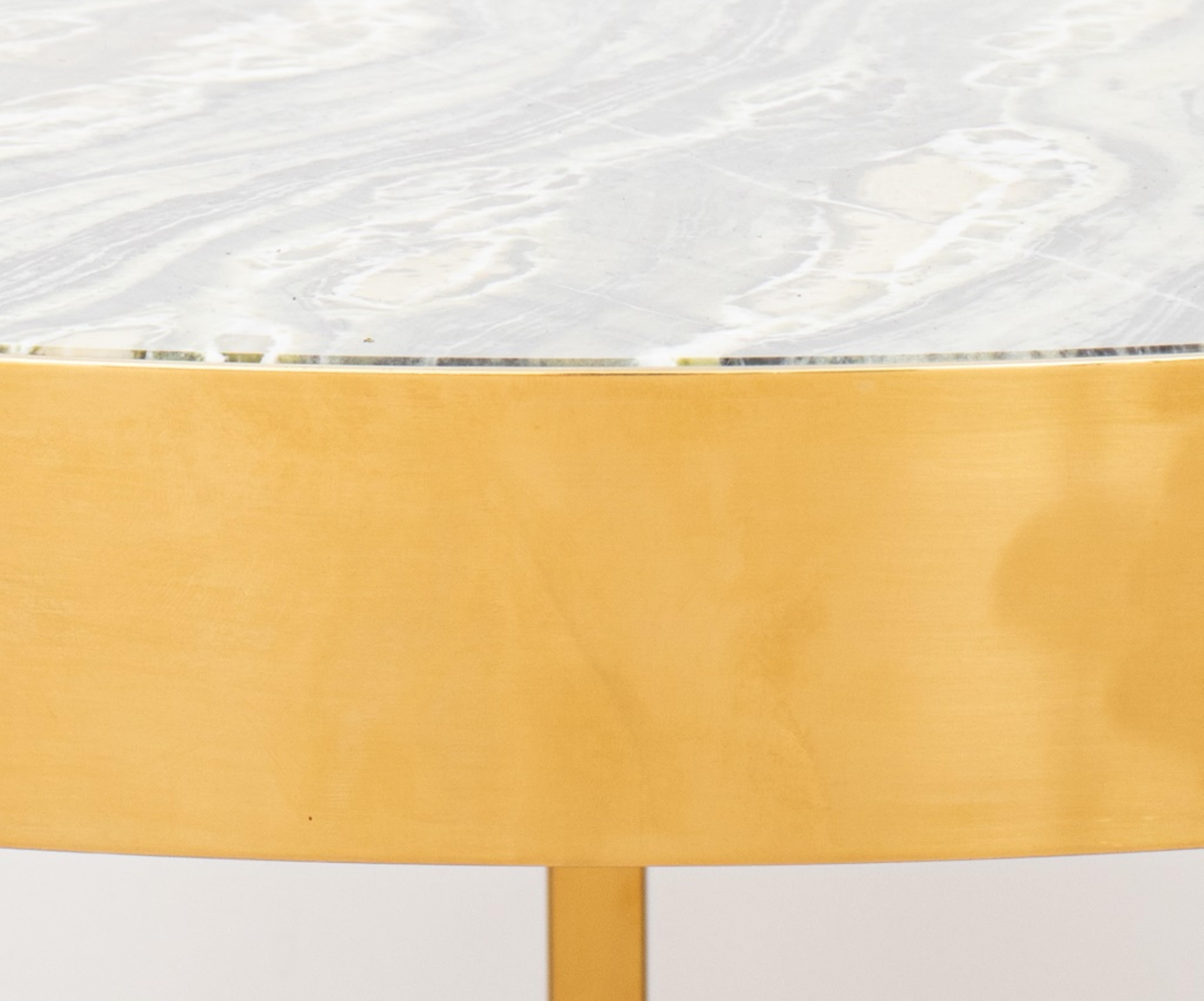 Pair of Modern gold-tone metal side tables with five legs and round green marble tops. Measures: 26.75