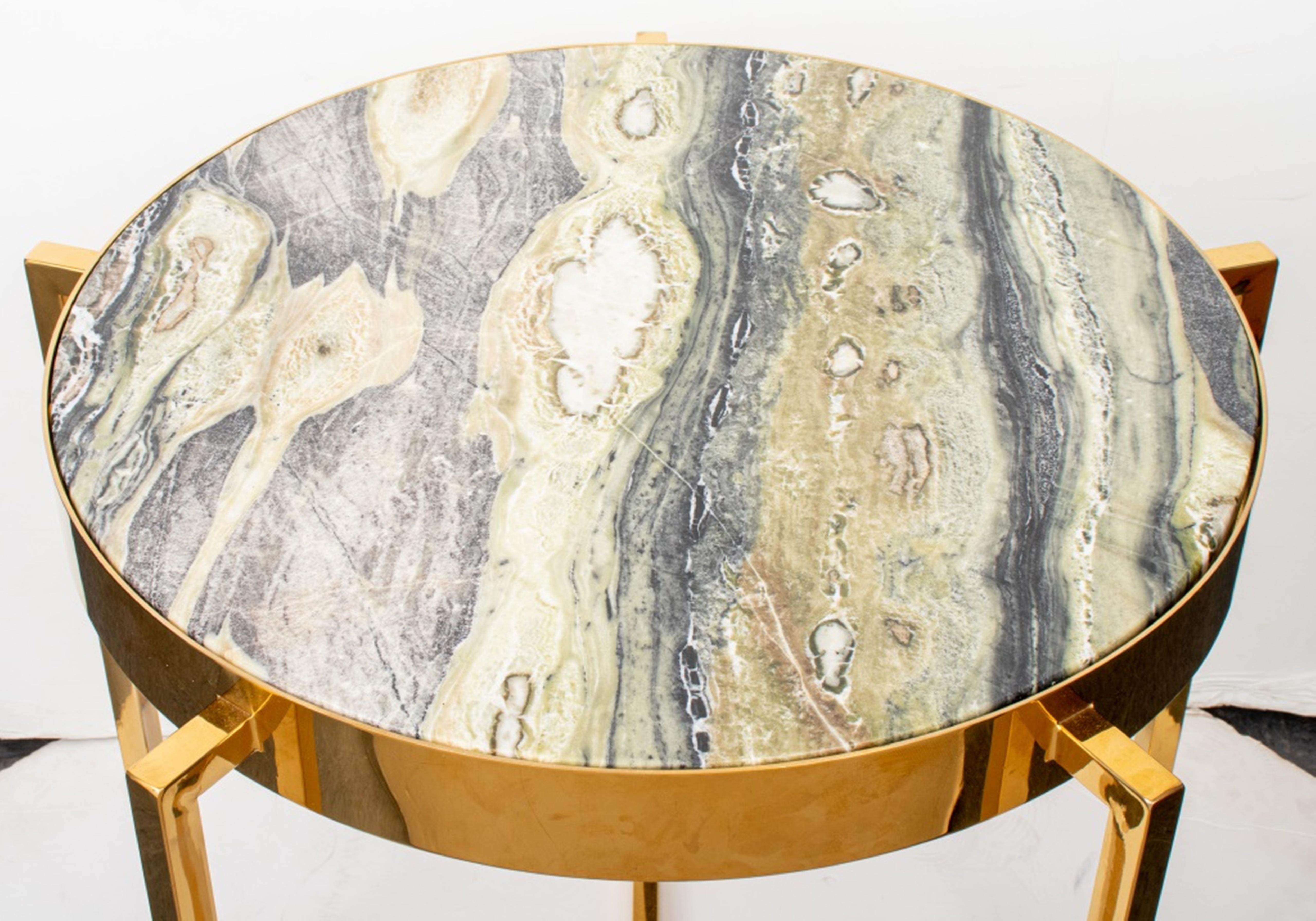 Modern Gold-Tone Green Marble Top Side Tables, Pr 2