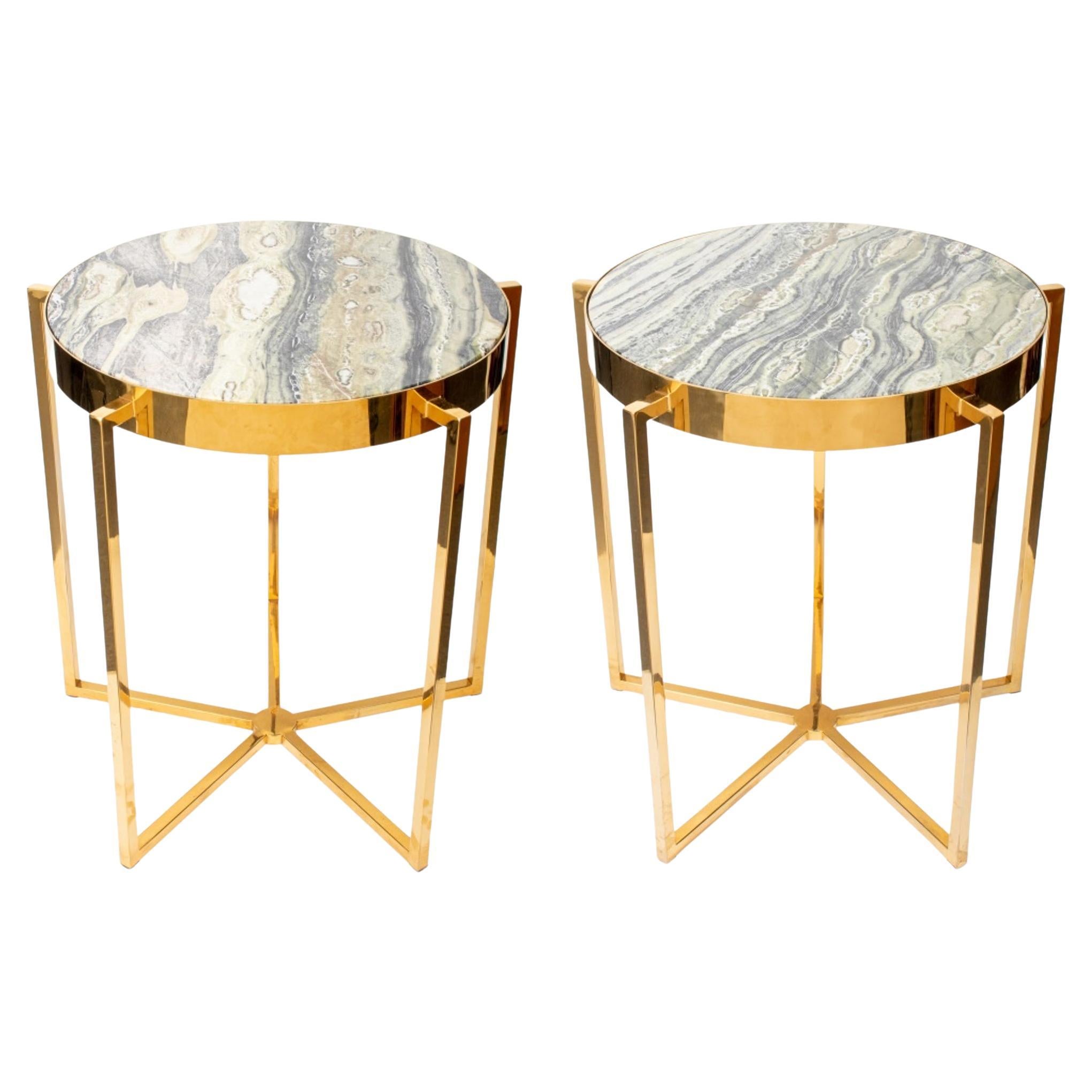 Modern Gold-Tone Green Marble Top Side Tables, Pr