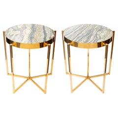 Modern Gold-Tone Green Marble Top Side Tables, Pr