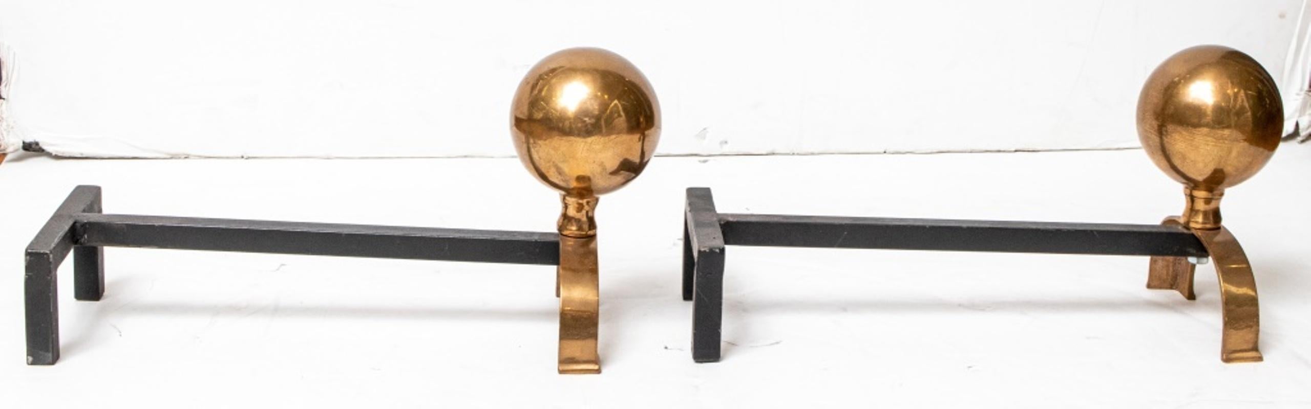 Mid-Century Modern Modern Gold Tone Spherical Andirons, Pair