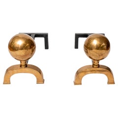 Modern Gold Tone Spherical Andirons, Pair