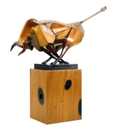 Modern Golden Bronze Bull Sculpture on Wooden Base