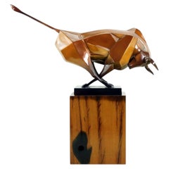 Modern Golden Bronze Bull Sculpture on Wooden Base