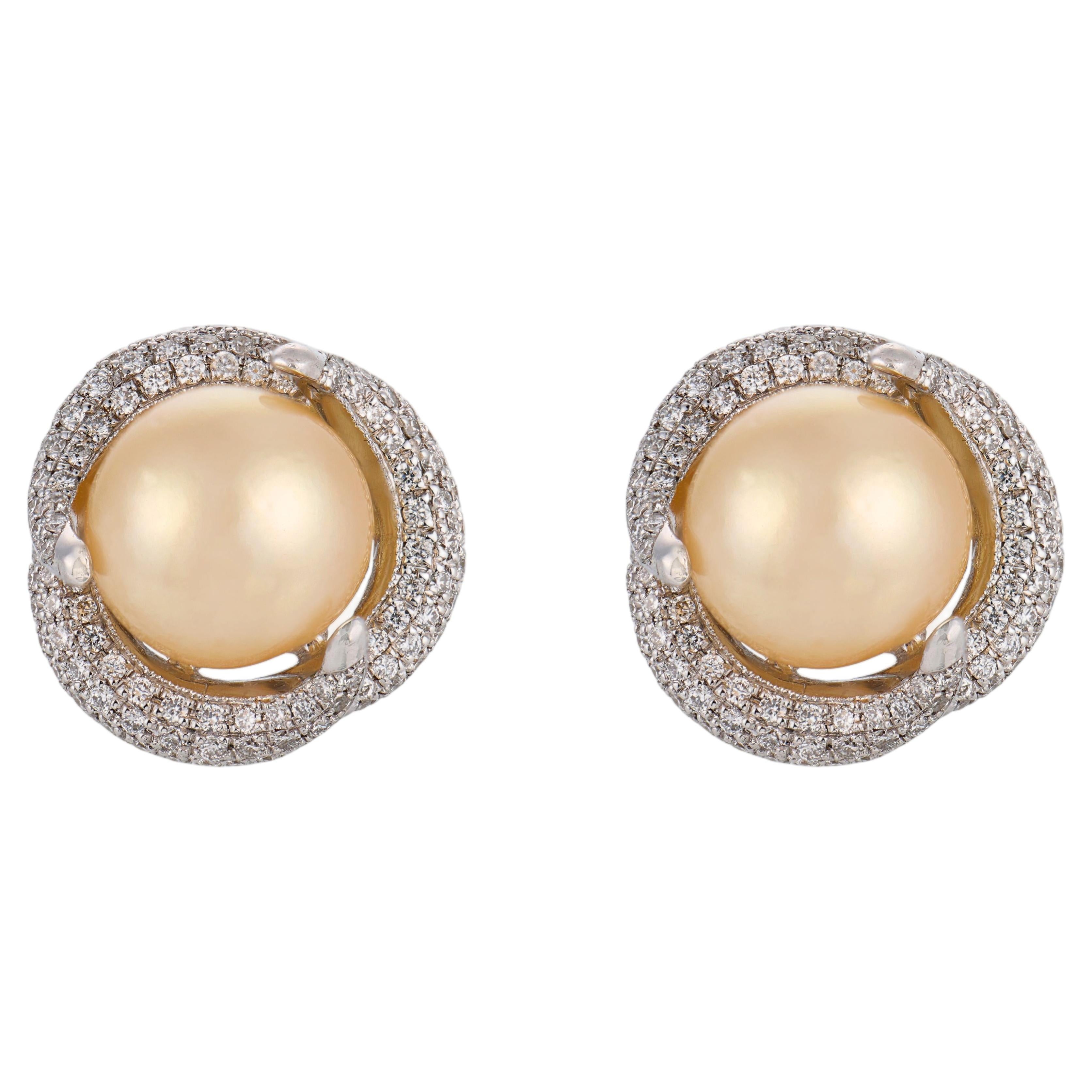 Modern golden pearl diamond 18k white gold earrings For Sale