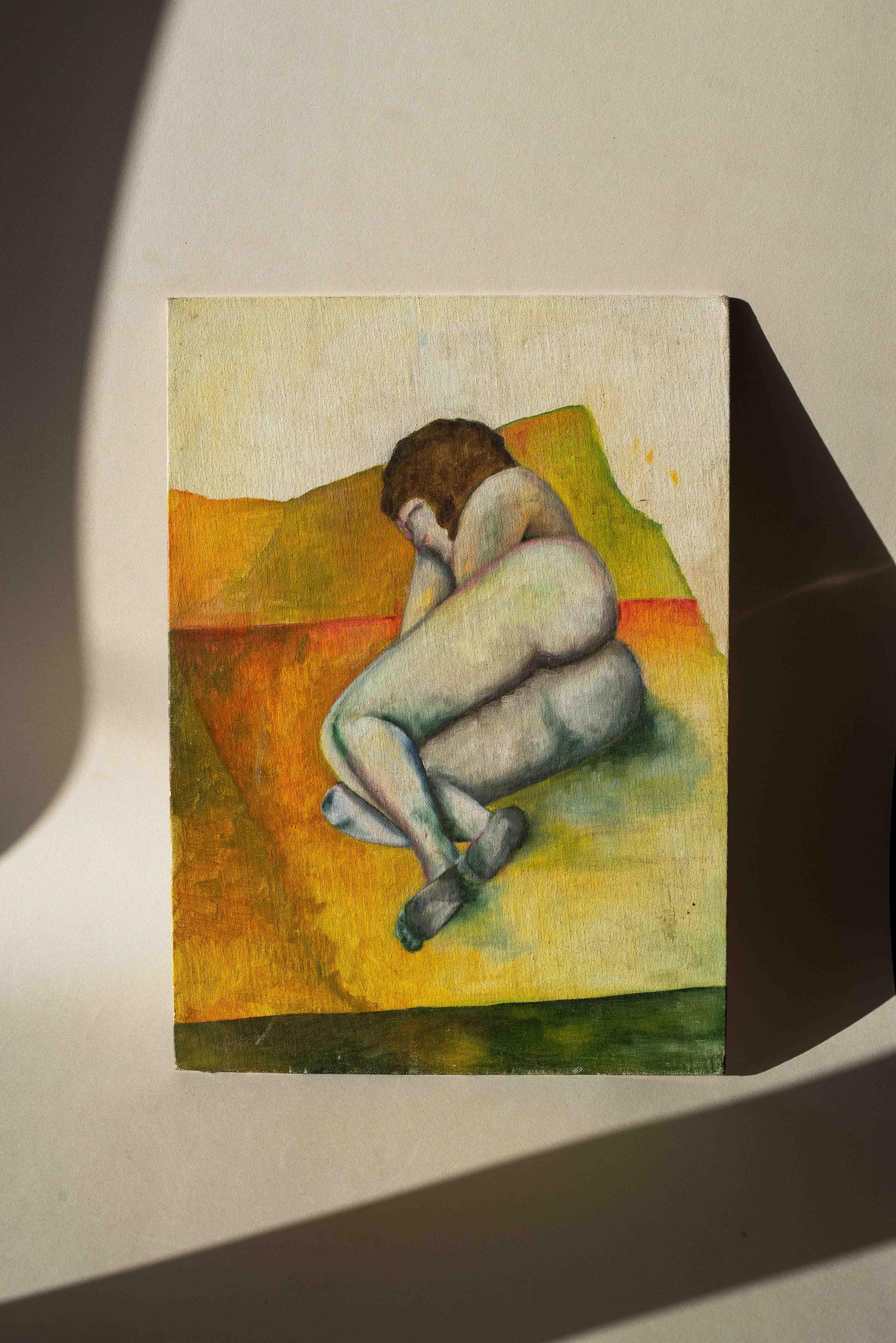 Modern Gouache Painting, Female Nude on Canvas, France, 1970s.

Beautiful gouache painting on linen-covered cardboard.

Depicts a reclining nude woman skillfully rendered with soft, vibrant hues. 

The beautiful play of light and shadow creates a