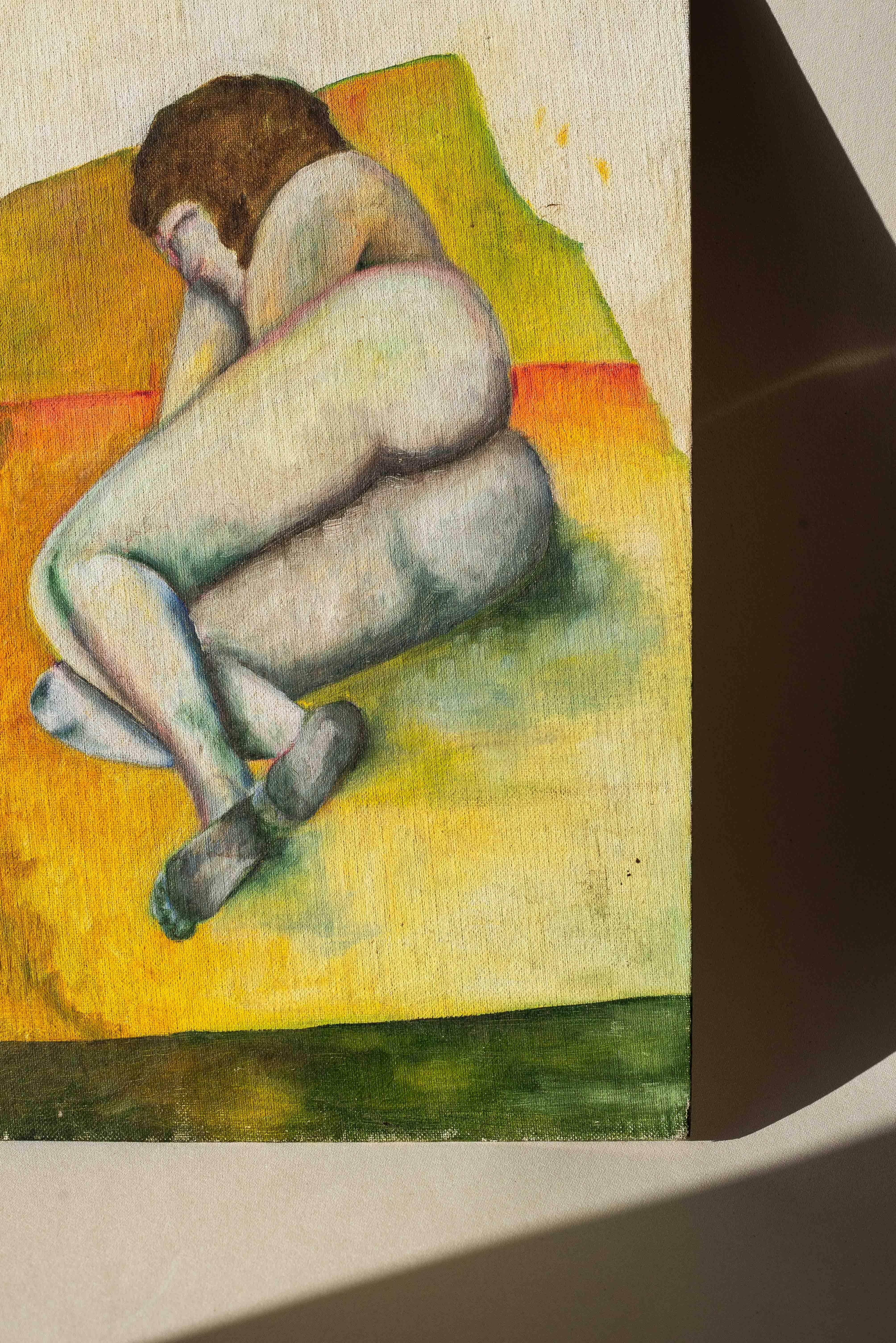 French Modern Gouache Painting, Female Nude on Canvas, France, 1970s. For Sale
