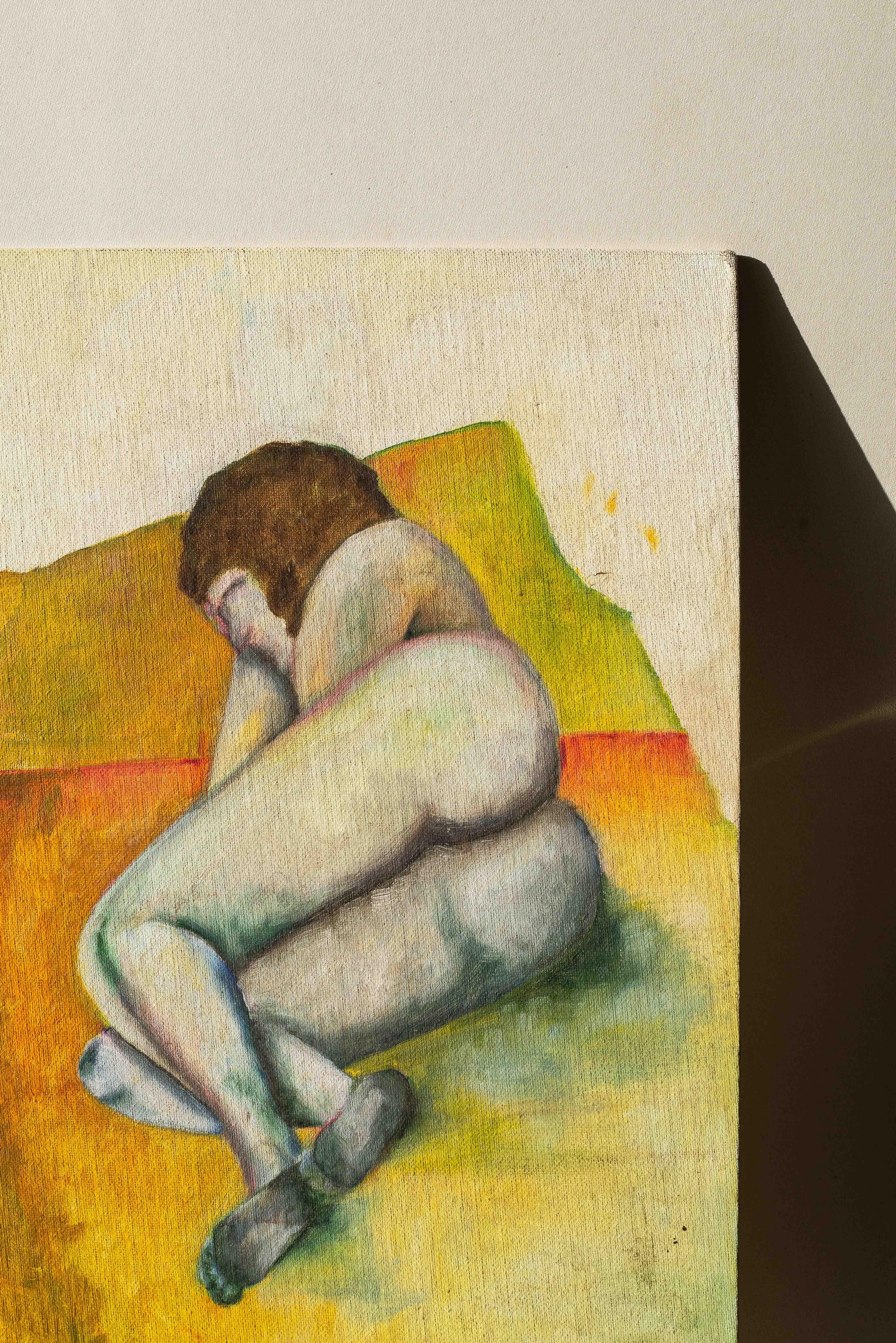 Hand-Crafted Modern Gouache Painting, Female Nude on Canvas, France, 1970s. For Sale