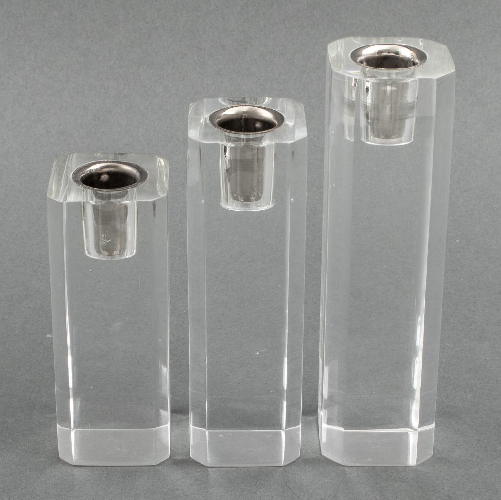 Modern Graduated Lucite Candlestick Holders, 3 In Good Condition For Sale In New York, NY