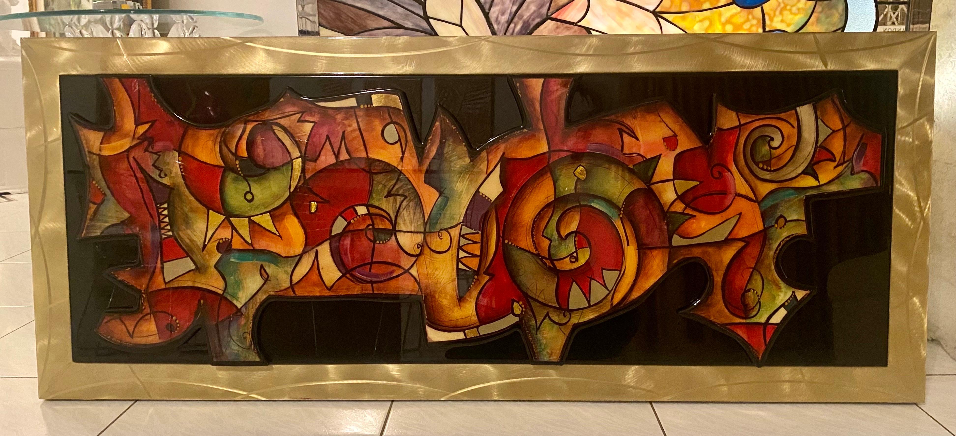 Modern Graffiti Geometric Swirls of Color on Acrylic 3D Mounted Wall Decoration In Good Condition For Sale In Miami, FL