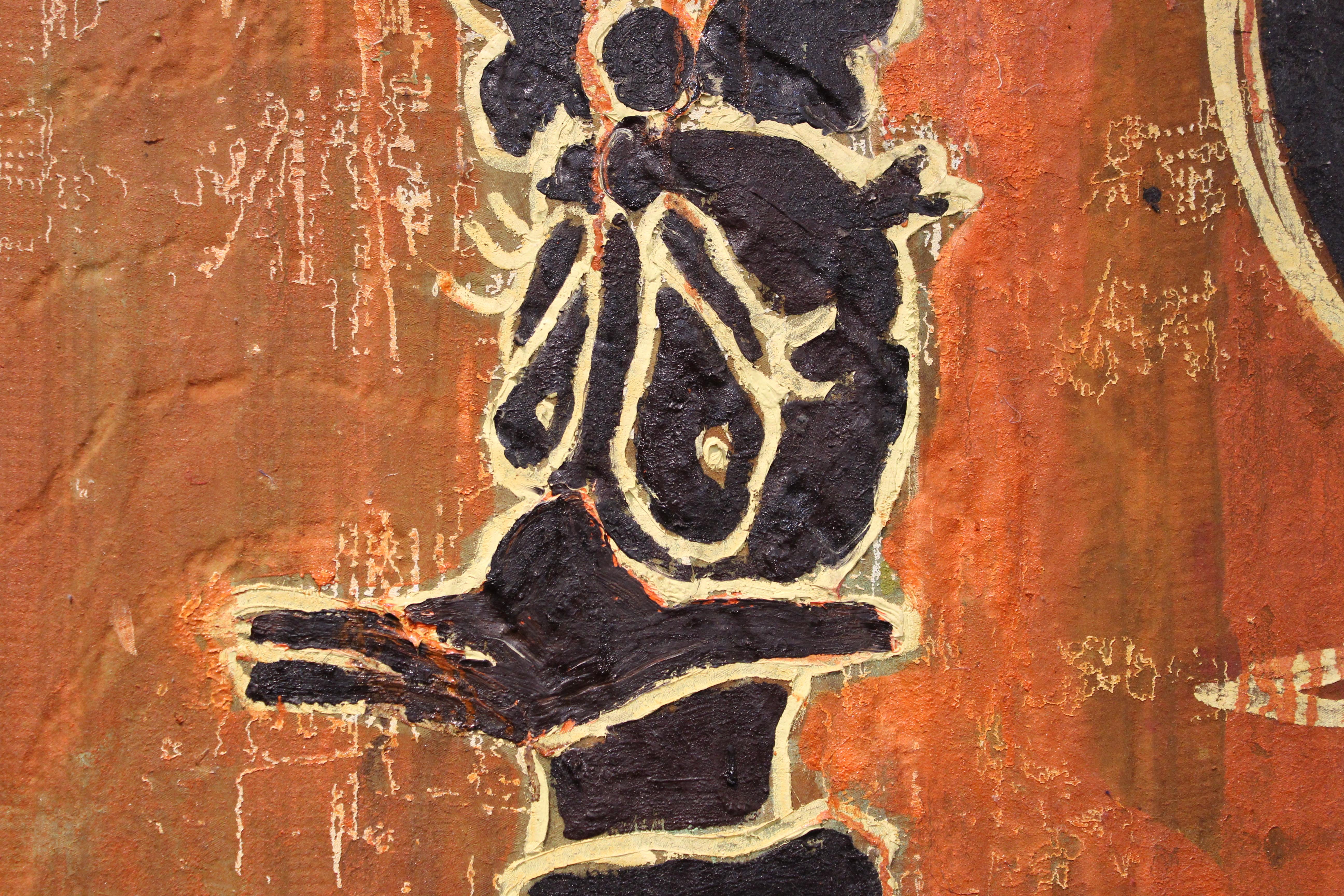 Modern painting in rough graffiti style, depicting a graphic cartoon character. The piece is painted on what appears to be structured fabric and has been professionally framed. Created during the late 20th century. In good vintage condition.