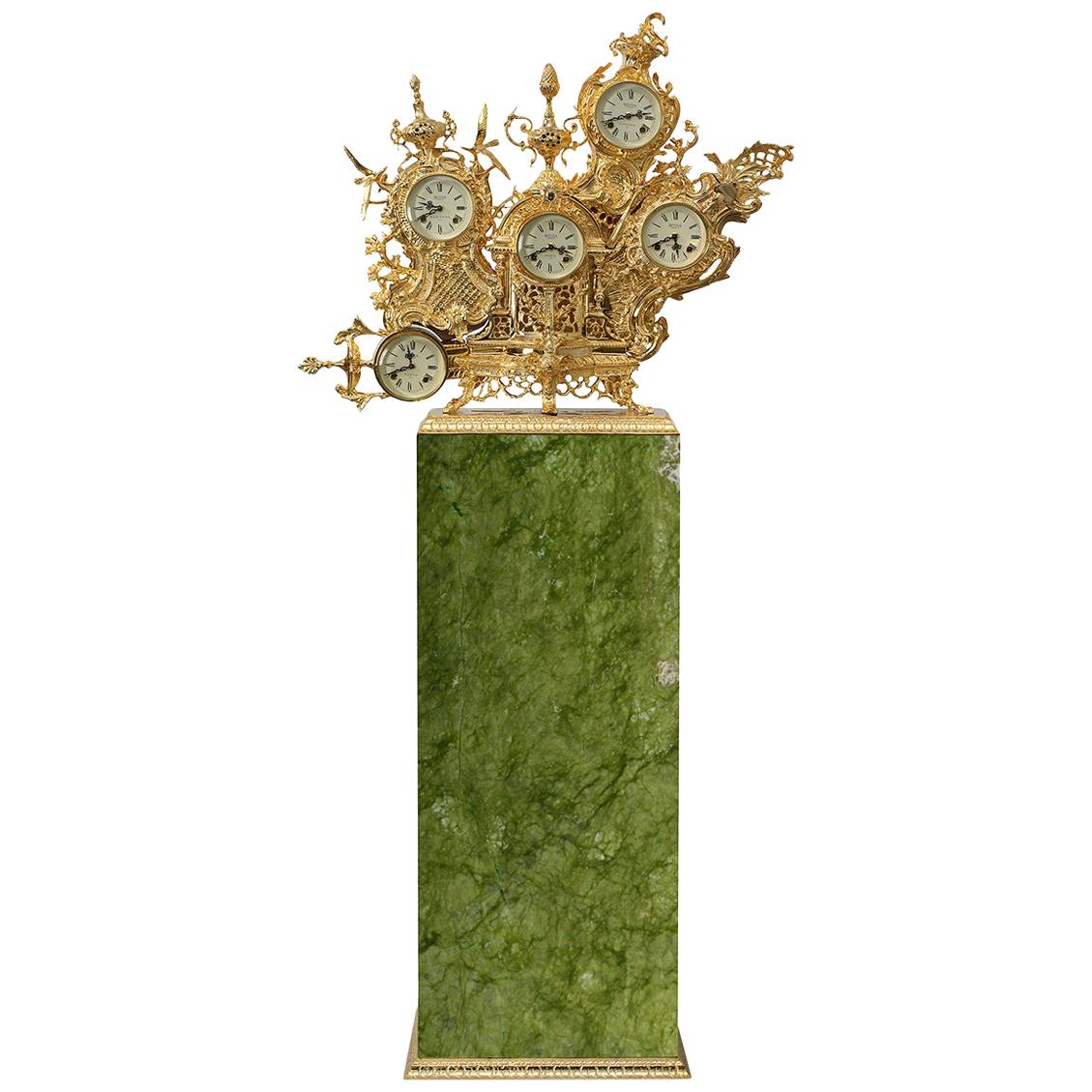 Modern Grandfather Floor Clock in Gold-Plated Brass and Green Ming Marble