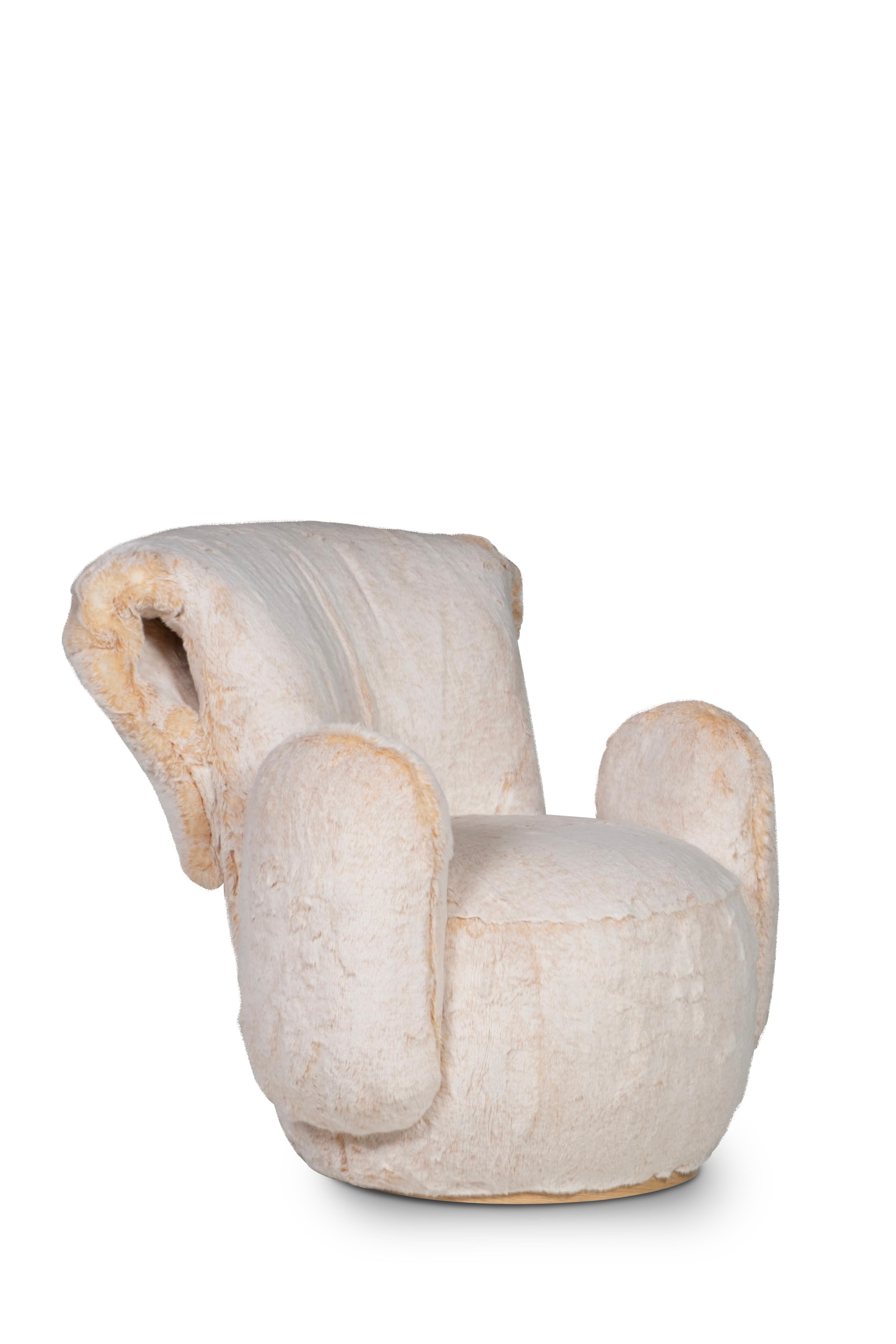 Contemporary Modern Grass Lounge Chair, Peach Cream Faux Fur, Handmade by Greenapple For Sale