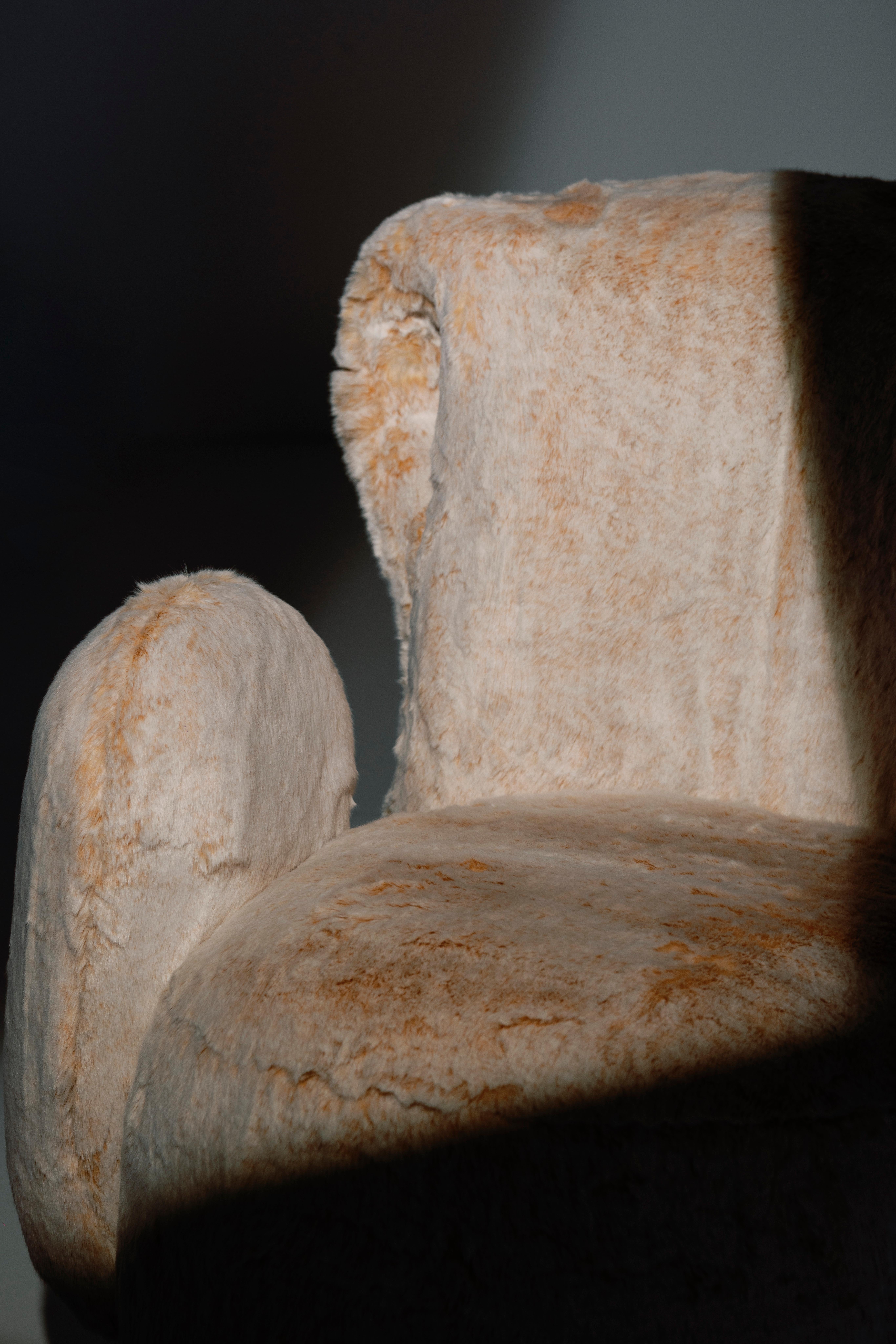 Portuguese Modern Grass Lounge Chair, Peach Cream Faux Fur, Handmade by Greenapple For Sale