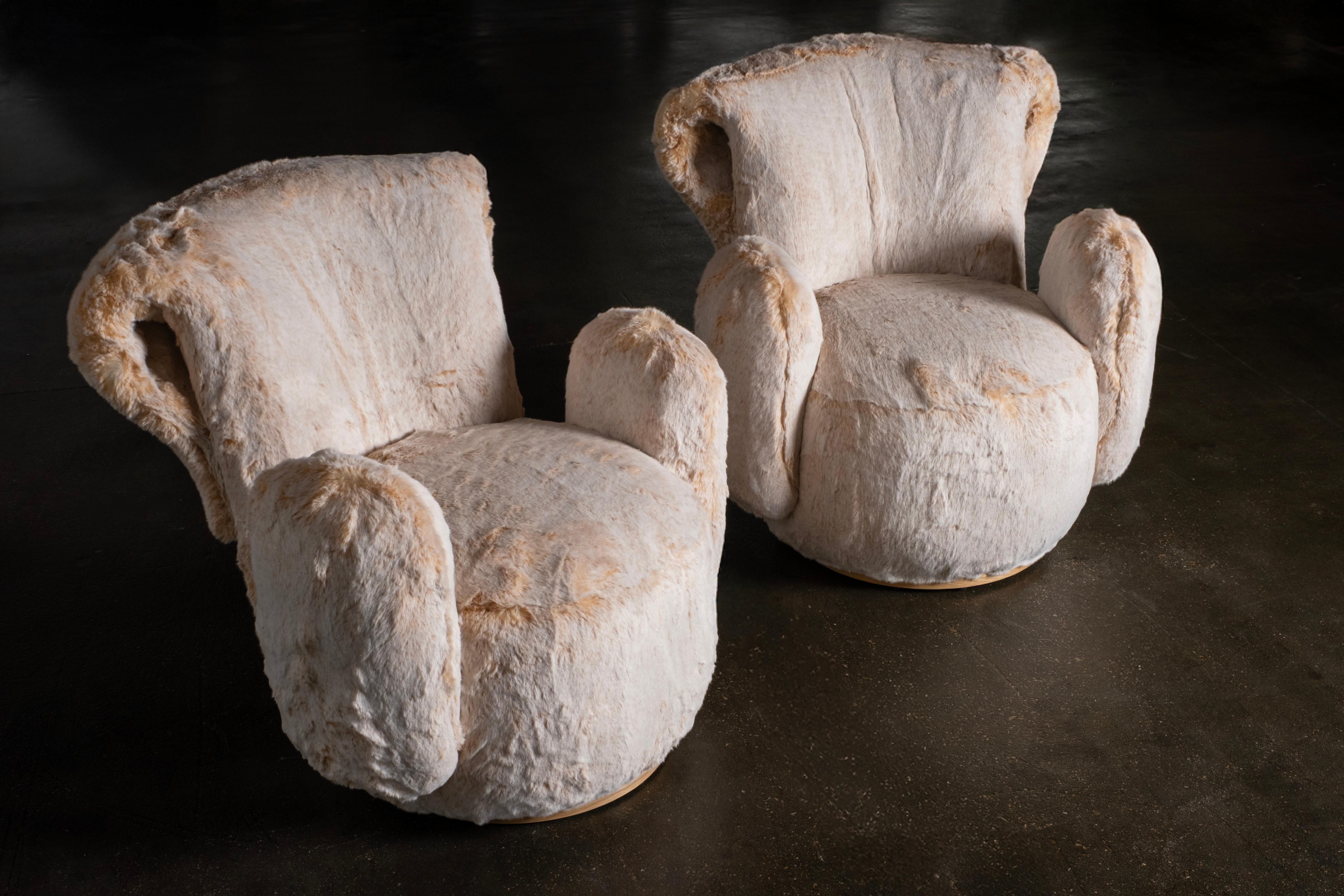 Modern Grass Lounge Chair, Peach Cream Faux Fur, Handmade by Greenapple For Sale 1