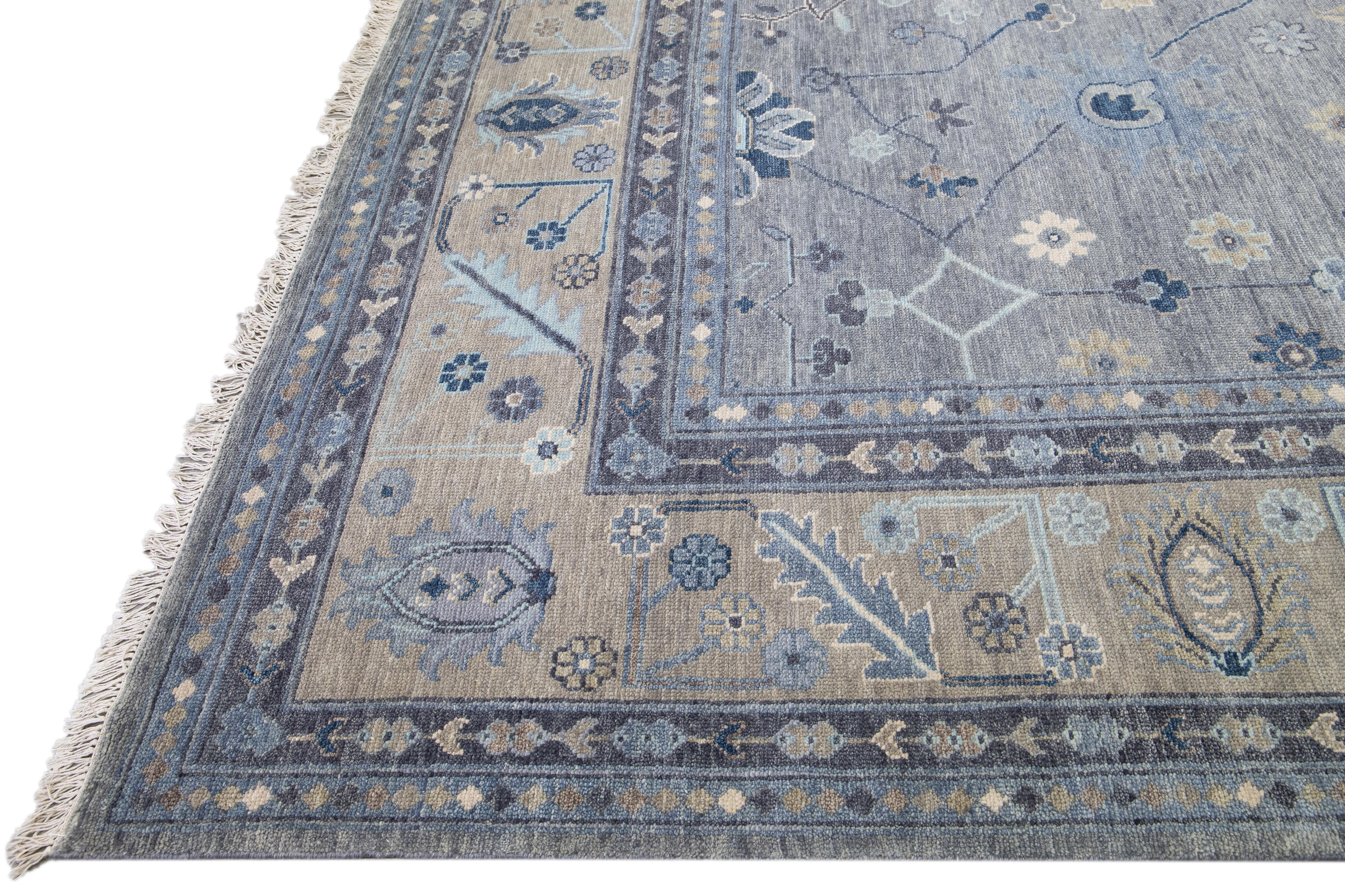 Hand-Knotted Modern Gray and Beige Oushak Handmade Floral Motif Oversize Wool Rug For Sale