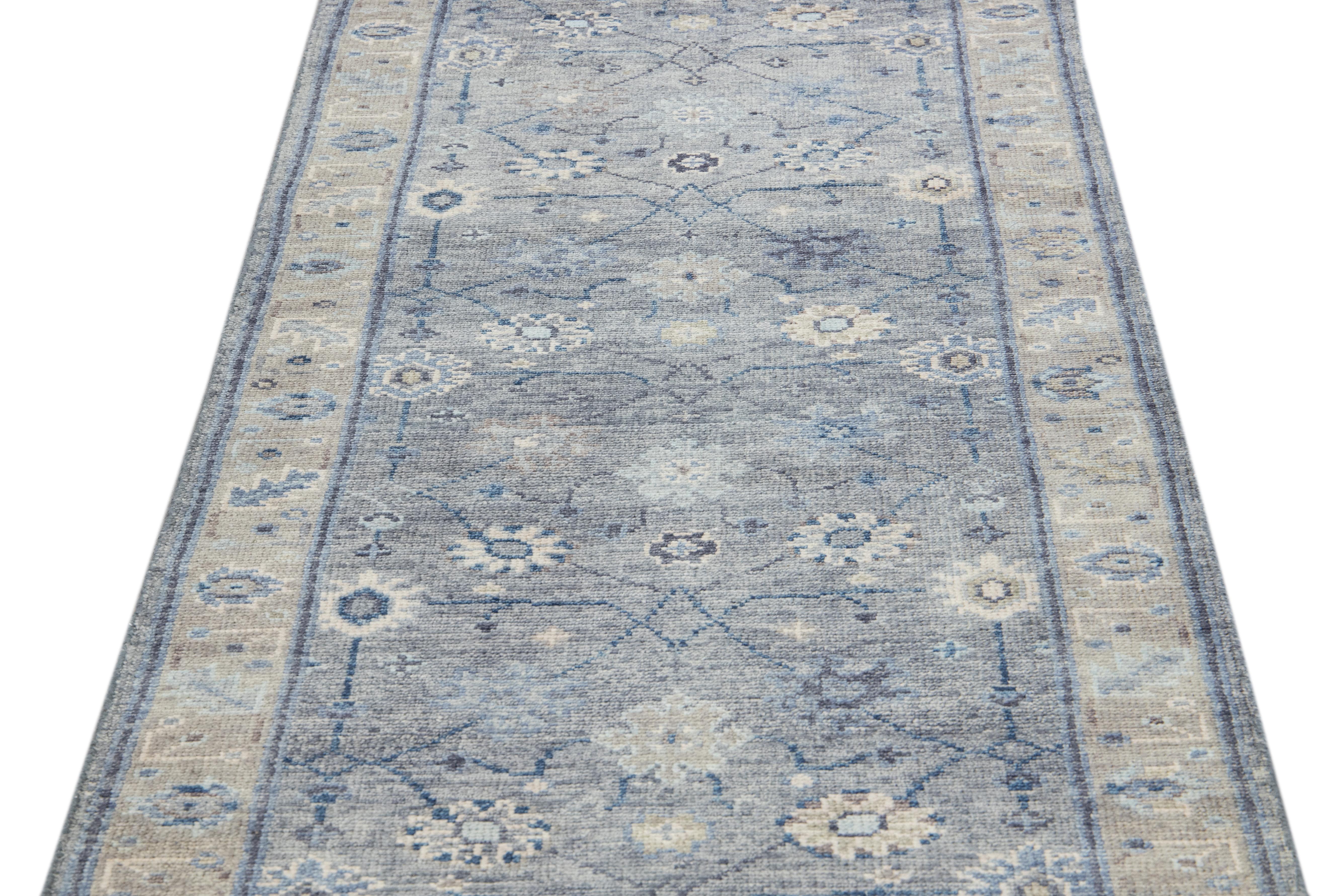 Indian Modern Gray and Beige Oushak Style Handmade Floral Motif Long Wool Runner For Sale