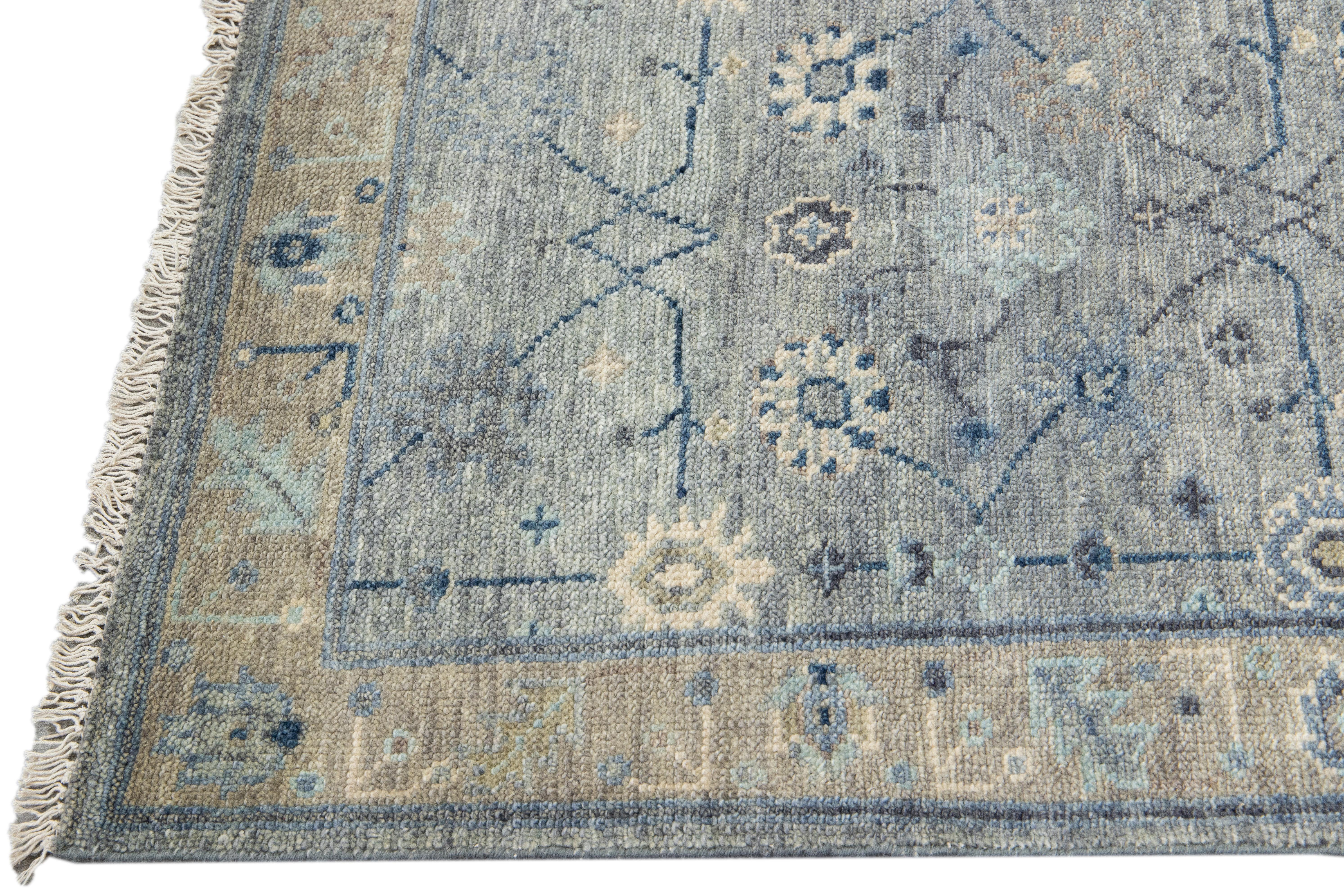 Hand-Knotted Modern Gray and Beige Oushak Style Handmade Floral Motif Long Wool Runner For Sale