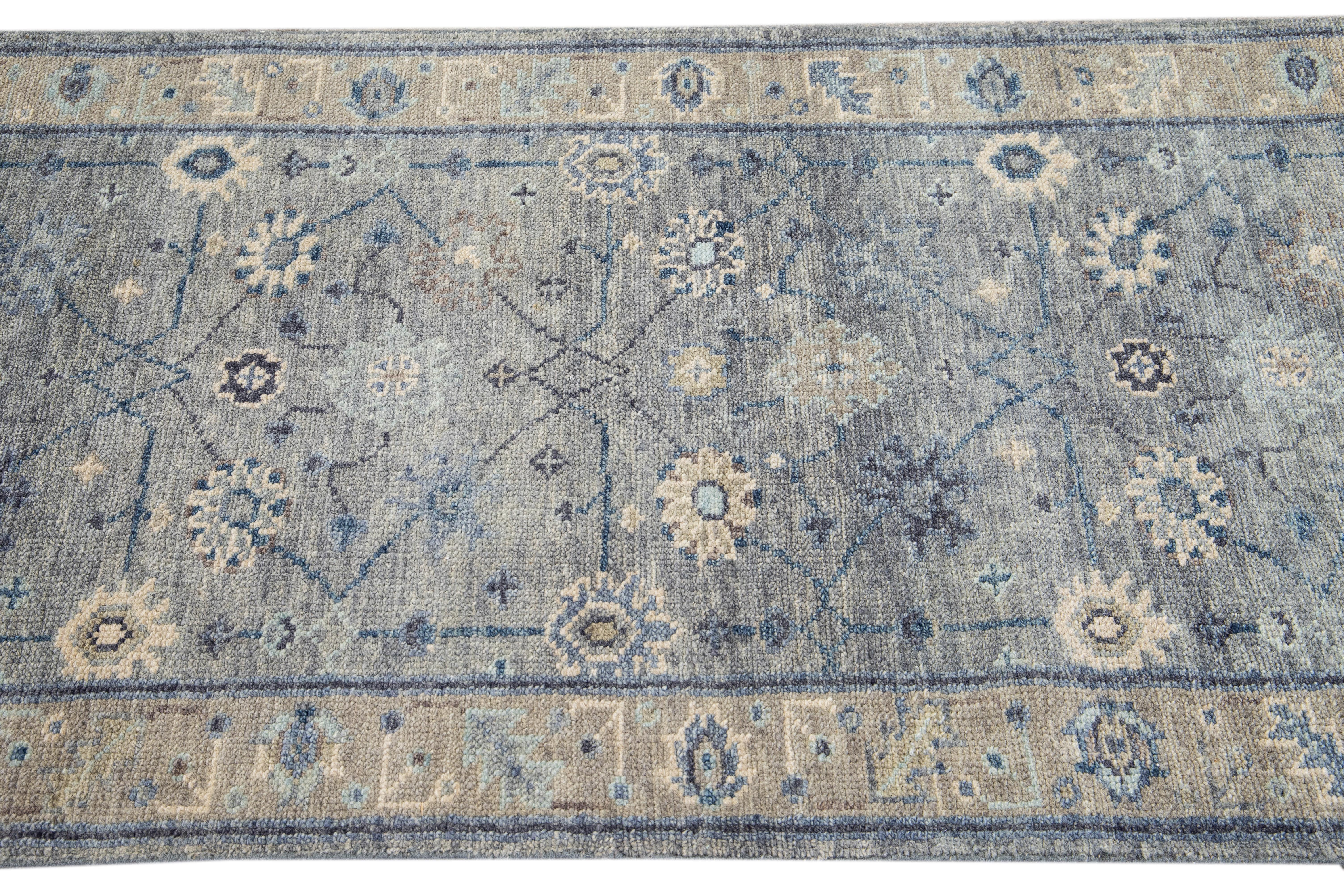 Modern Gray and Beige Oushak Style Handmade Floral Motif Long Wool Runner In New Condition For Sale In Norwalk, CT