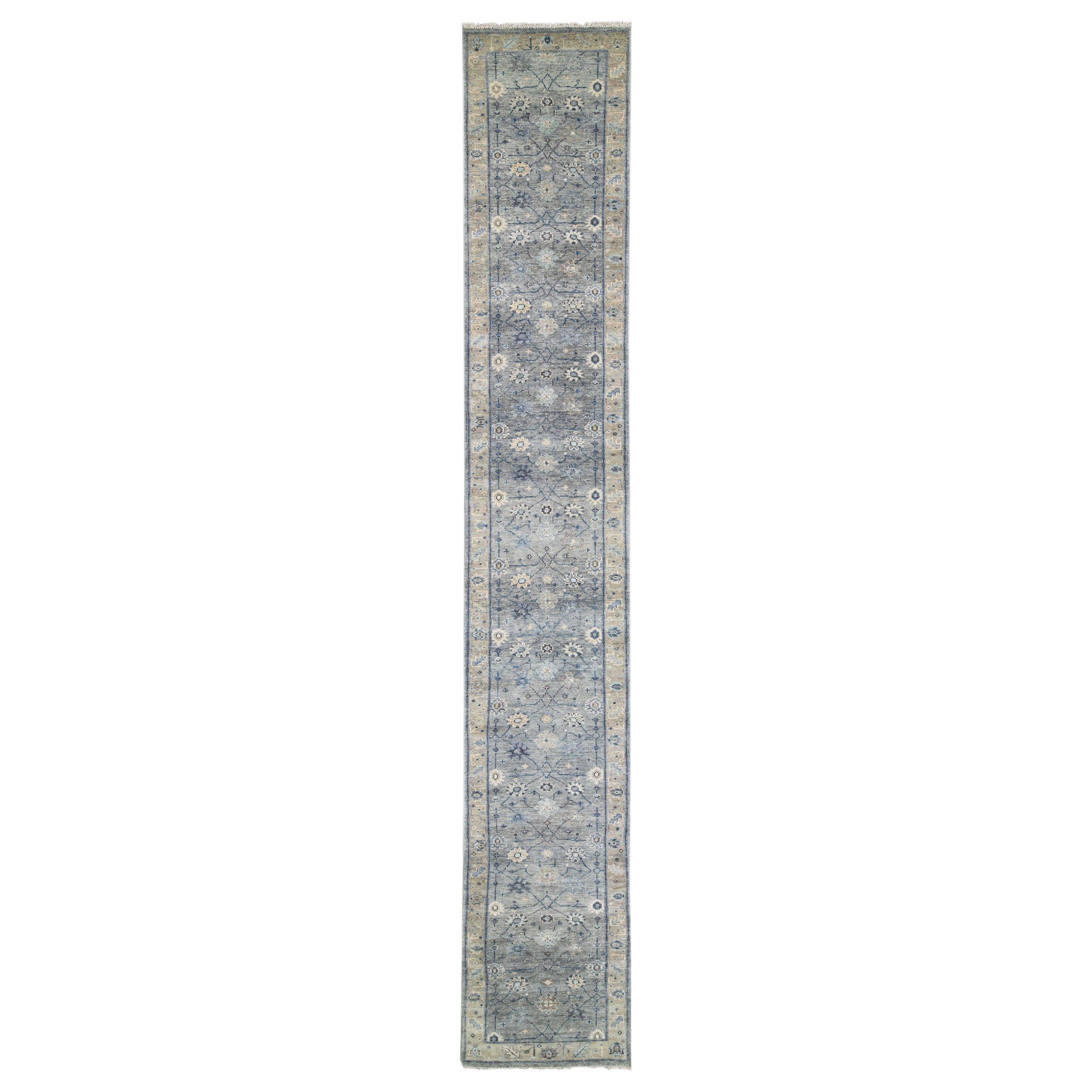 Modern Gray and Beige Oushak Style Handmade Floral Motif Long Wool Runner